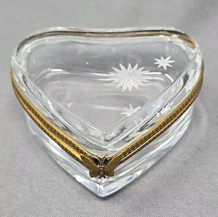 Antique French Heart Shaped Box, Butterfly Hinge Etched Stars