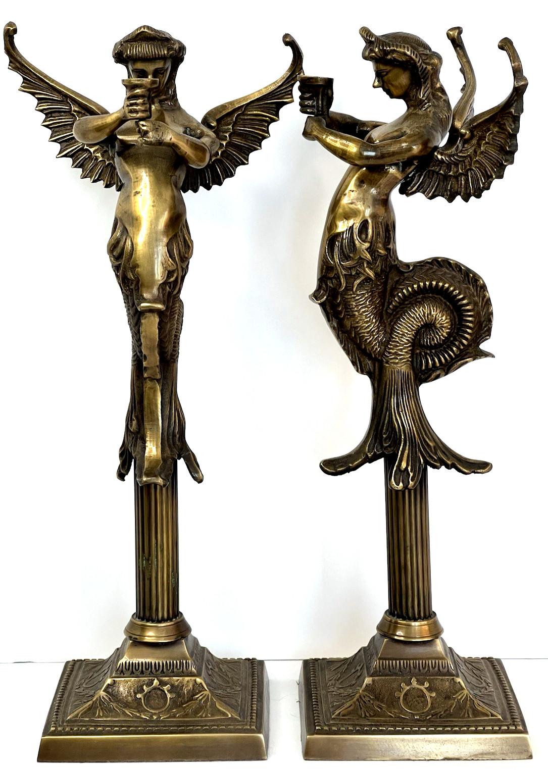Antique French Empire Bronze Mantelpiece/Candlestick Melusine Mermaid Pair 15”