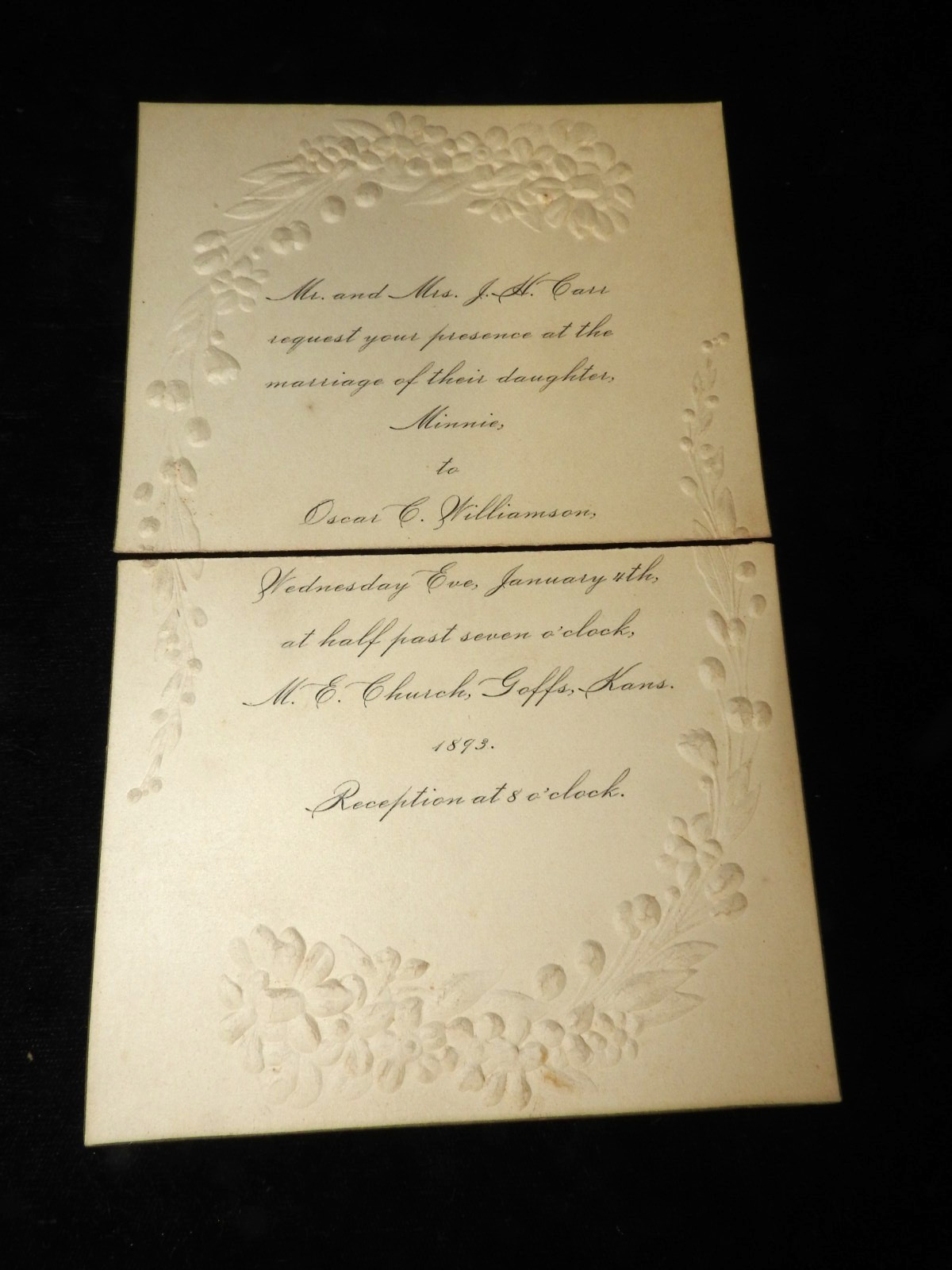 1893 Wedding Announcement Invitation - Goff Kansas - Carr & Williamson 1893 Wedding Announcement Invitation - Goff Kansas - Carr & Williamson