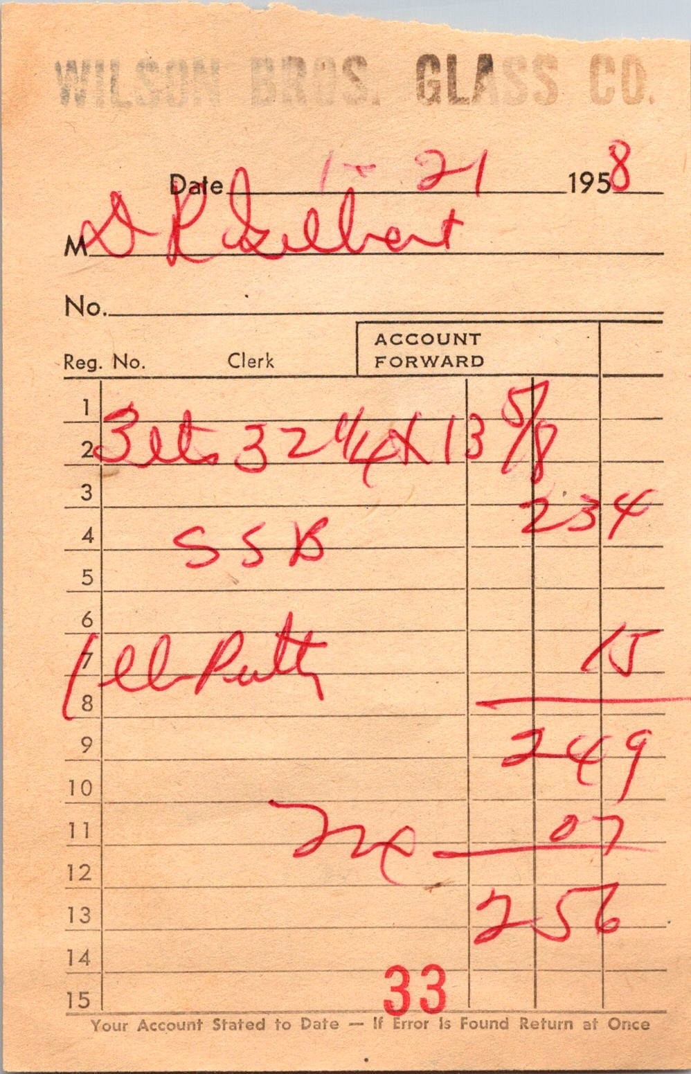 Wilson Bros Glass Co 1-21-1958 DR Gilbert Antique Letterhead Billhead 5A25 Wilson Bros Glass Co 1-21-1958 DR Gilbert Antique Letterhead Billhead 5A25