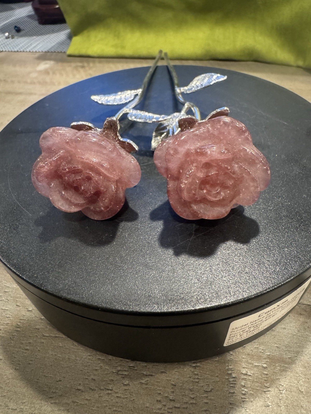 Two Strawberry Quartz Crystal Flowers with Silver Tone Stems 6”