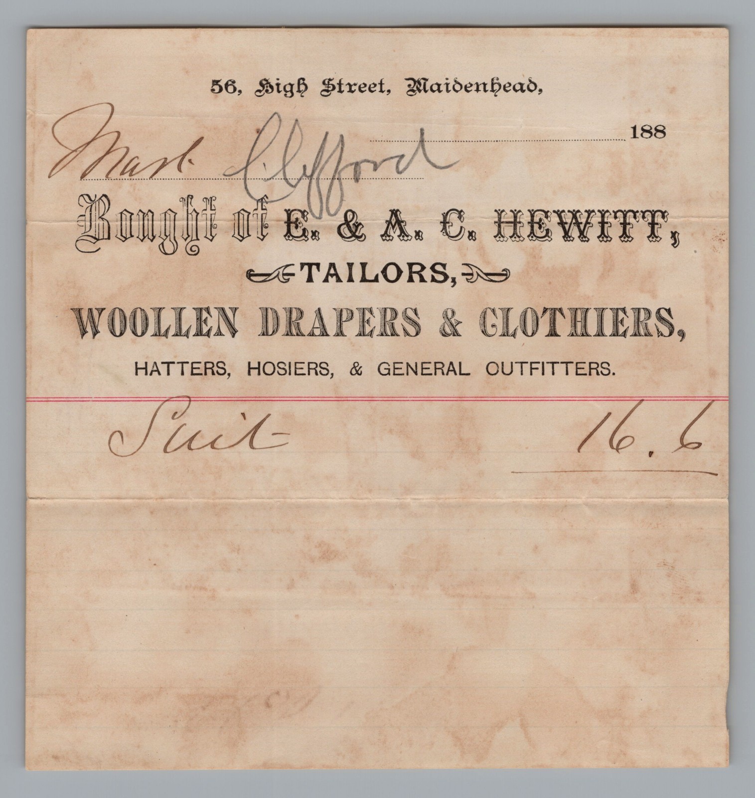 Antique 1880s Billhead E. & A. C. Hewitt Tailors Maidenhead UK Invoice Receipt