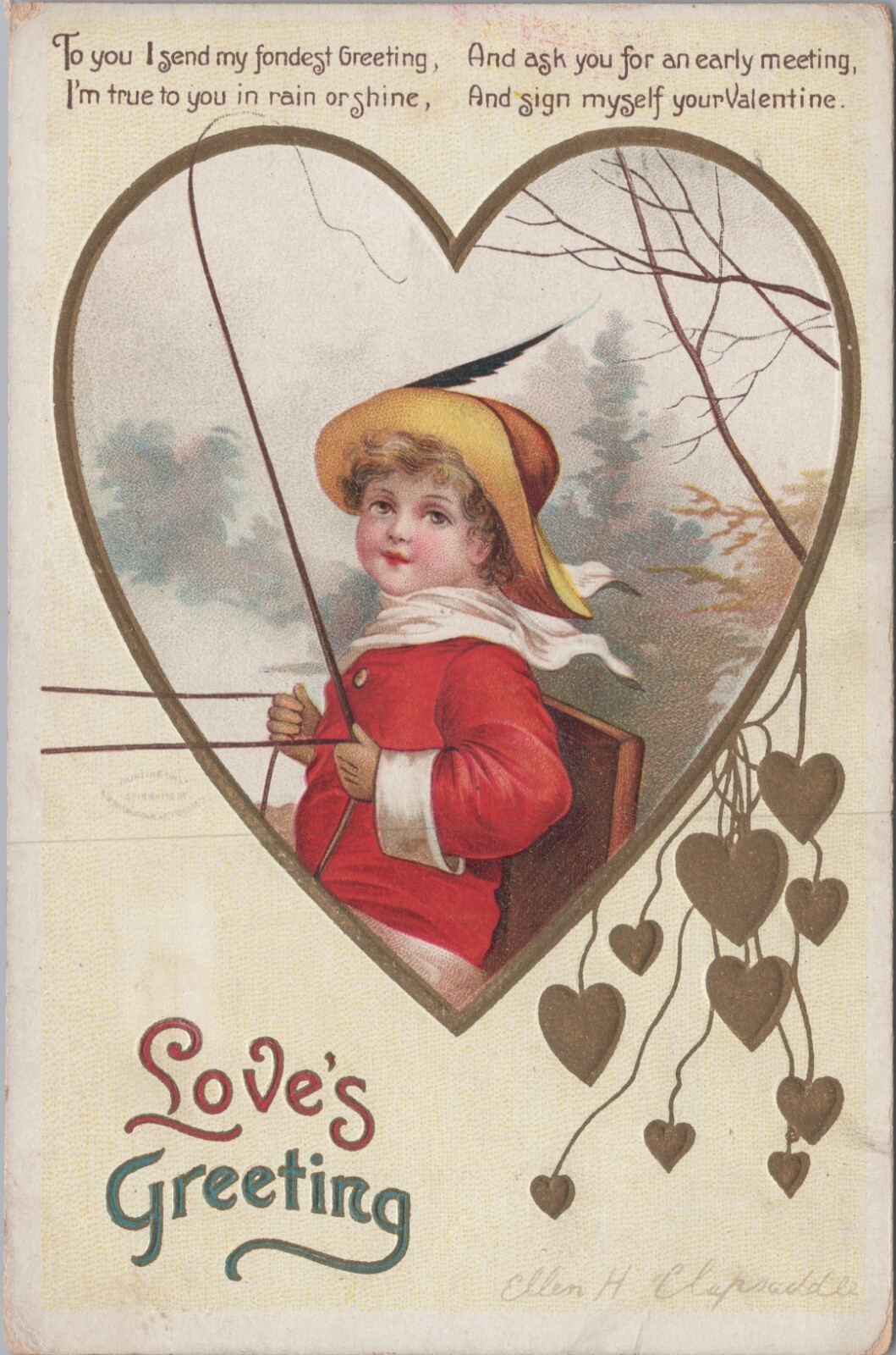 Vintage Ellen Clapsaddle Love\'s Greetings Boy Red Heart c1910s Postcard 9778c