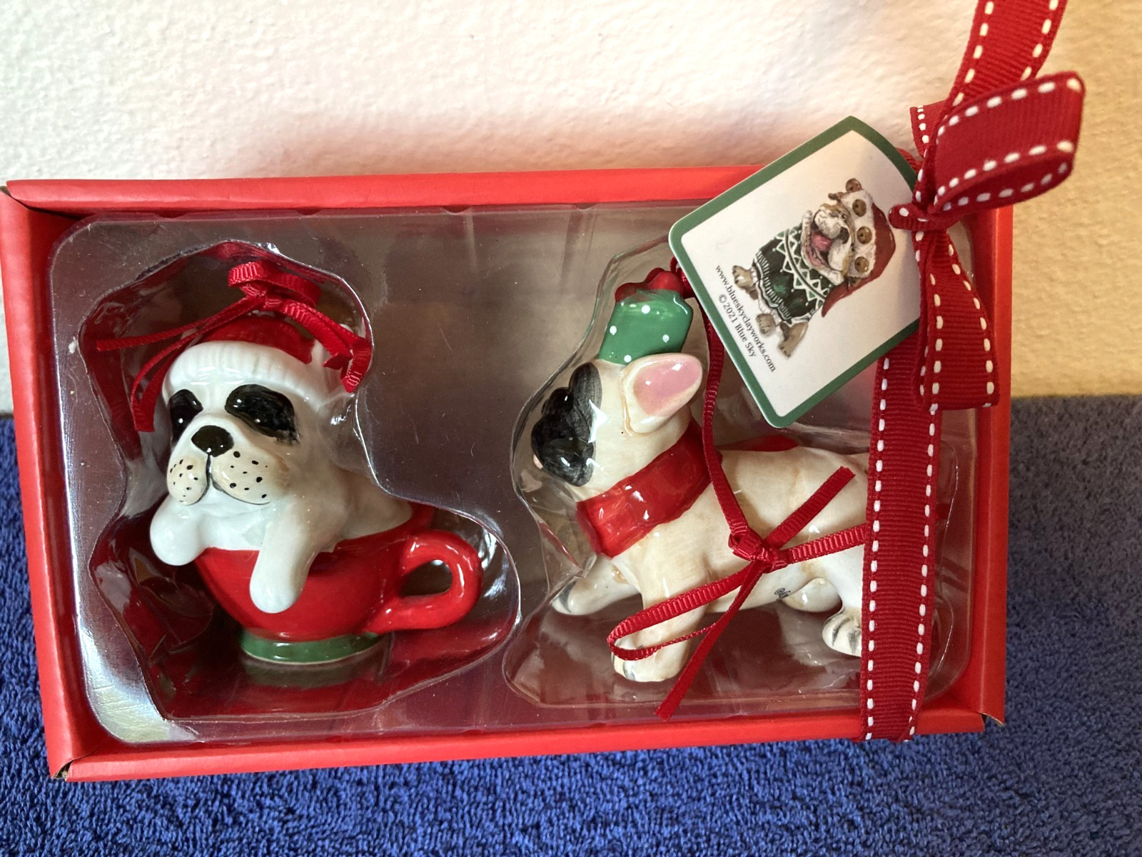 NEW In BOX Blue Sky Clayworks French Bulldog  Christmas Ornament Set