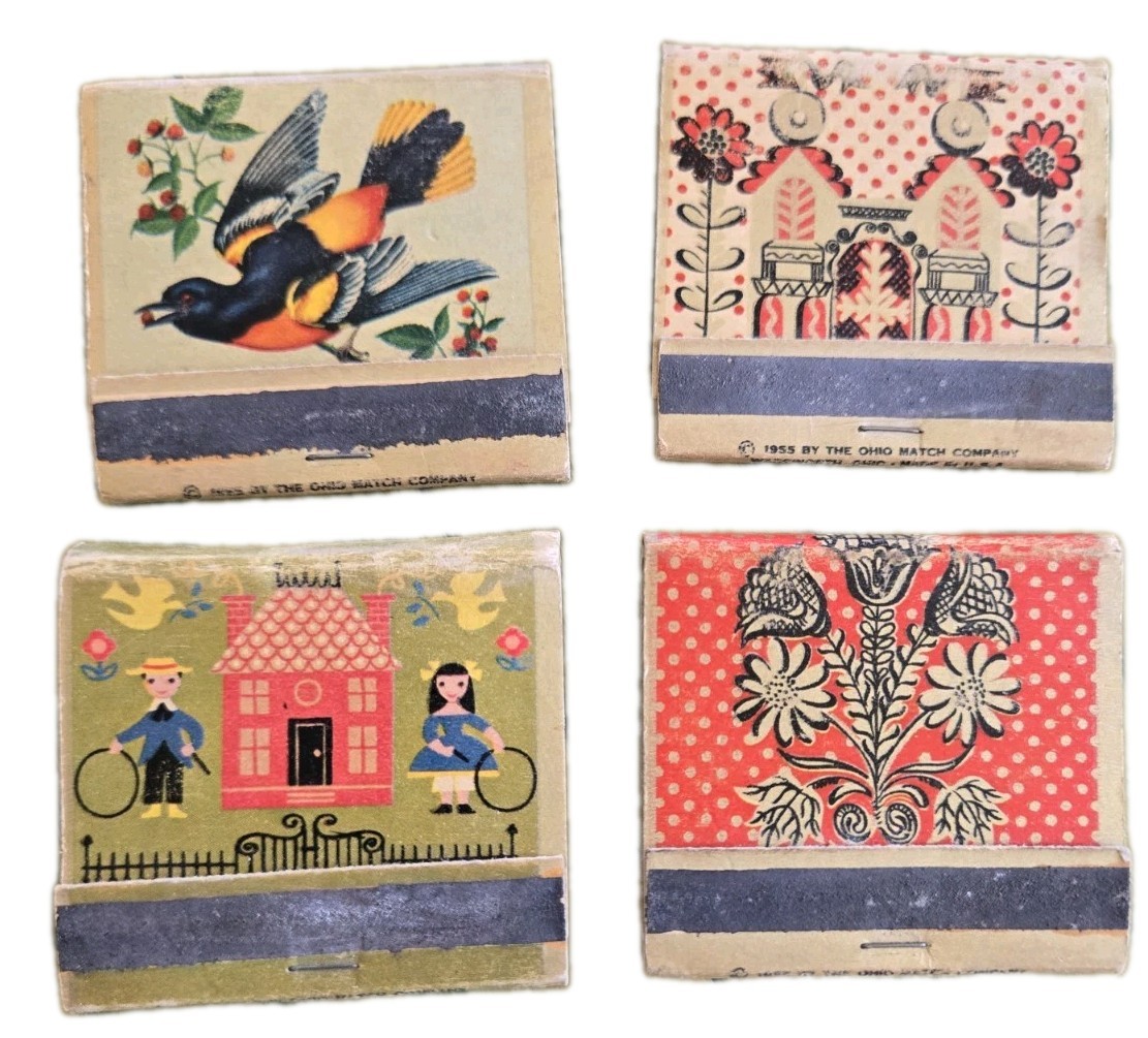 Vintage 1955 1963 Ohio Match Co Lot of 4 Matchbooks Bird & Folk Art Covers