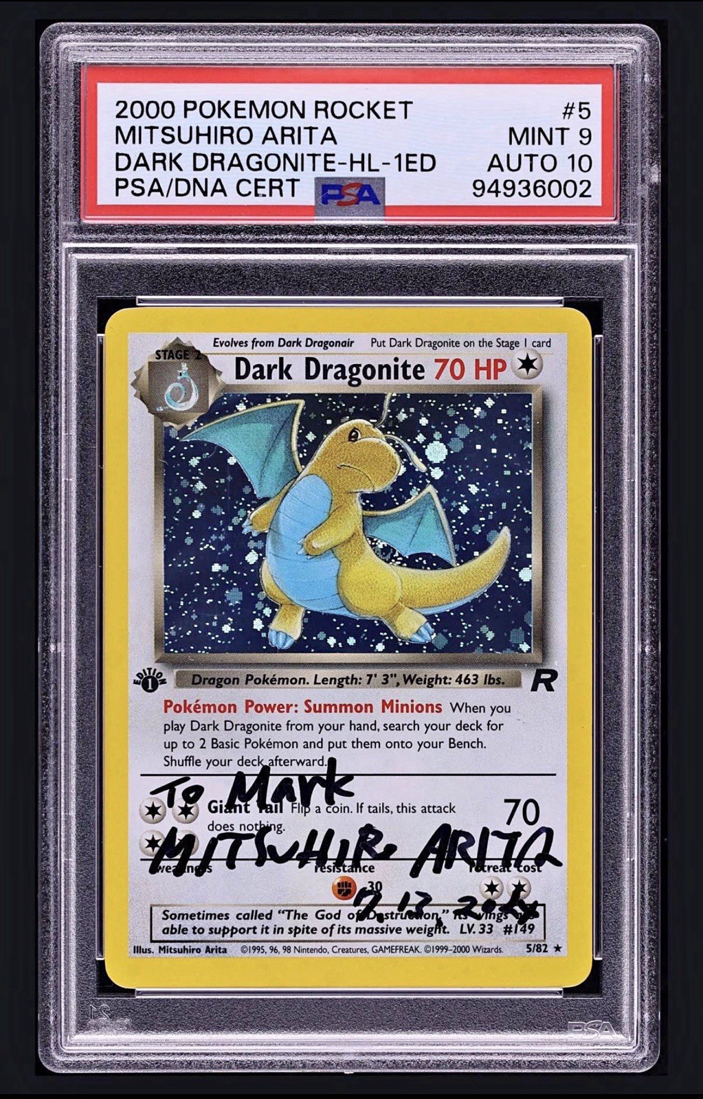 Pokémon 2000 Rocket Dark Dragonite #5 1st Ed Holo PSA 9 Auto 10 Arita