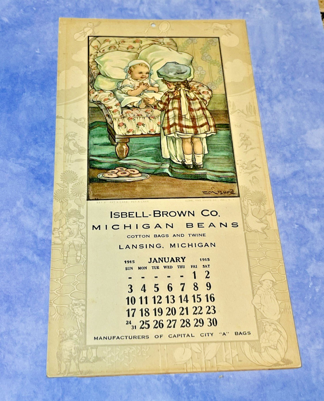 ANTIQUE JANUARY 1915 NURSERY RHYME ADVERTISING CALENDAR BY CLARA BURD LANSING MI