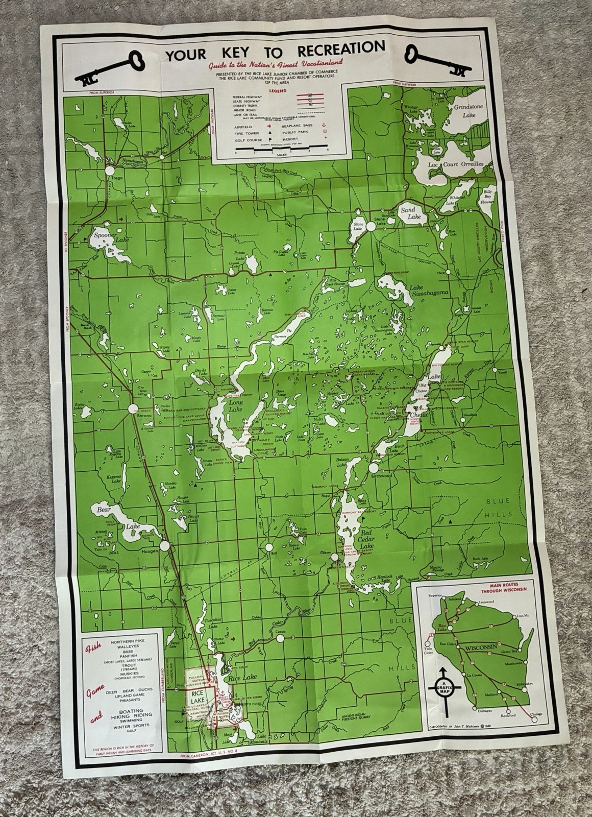 1948 Rice Lake Vacation Wisconsin Brochure Travel Map Tourist Jefferson Stamp