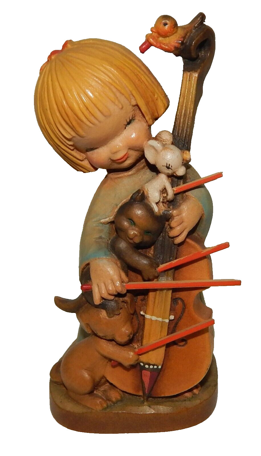Vintage Anri Italy Carved Wooden Figurine - Little Girl & Animals Playing Cello