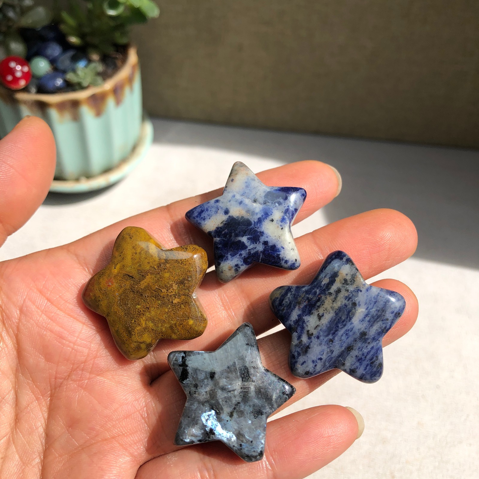 4pcs Natural multi-variety crystal Hand carved five-pointed star Specimen A6001
