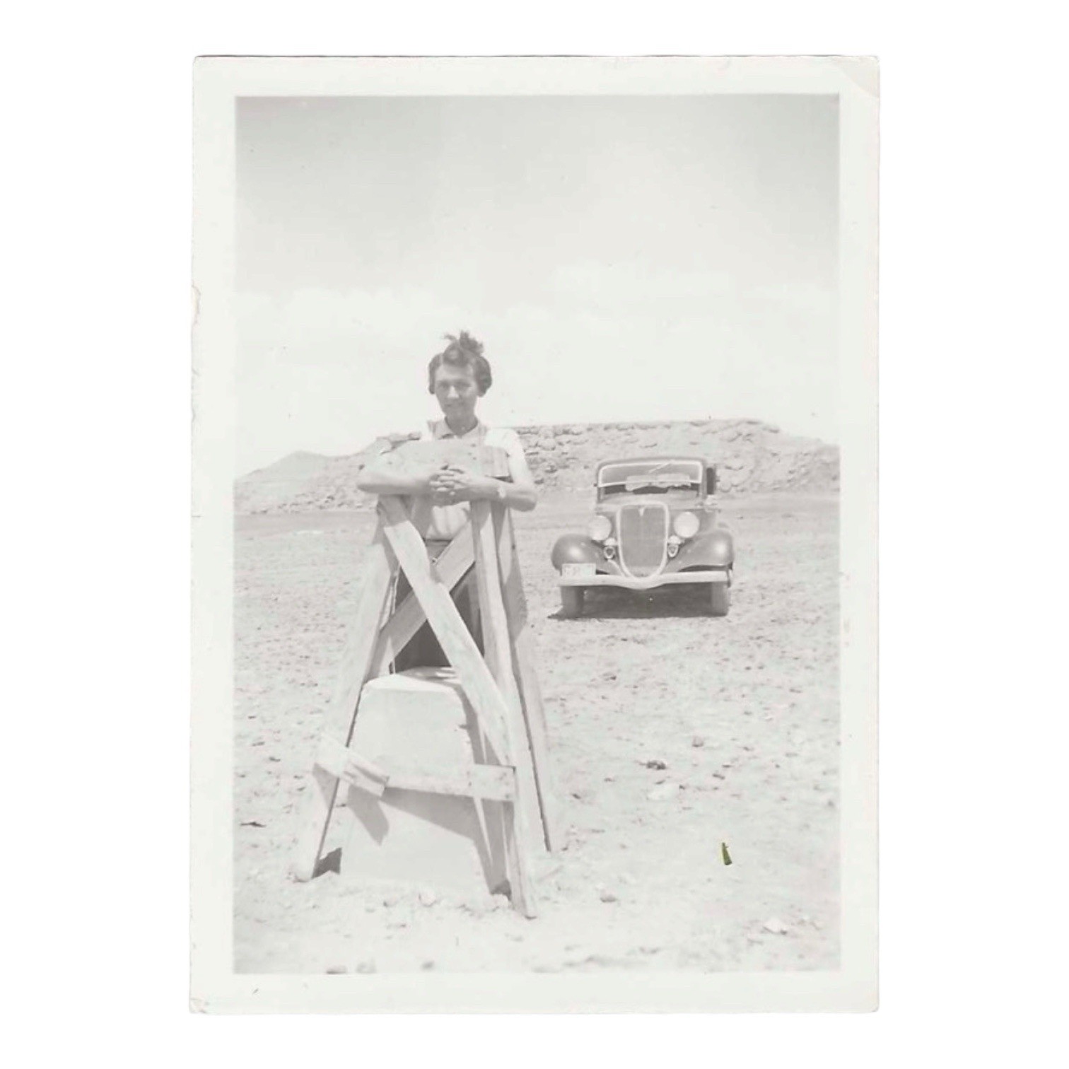 Vintage Snapshot Photo Woman With 1930s Car Desert Road Trip