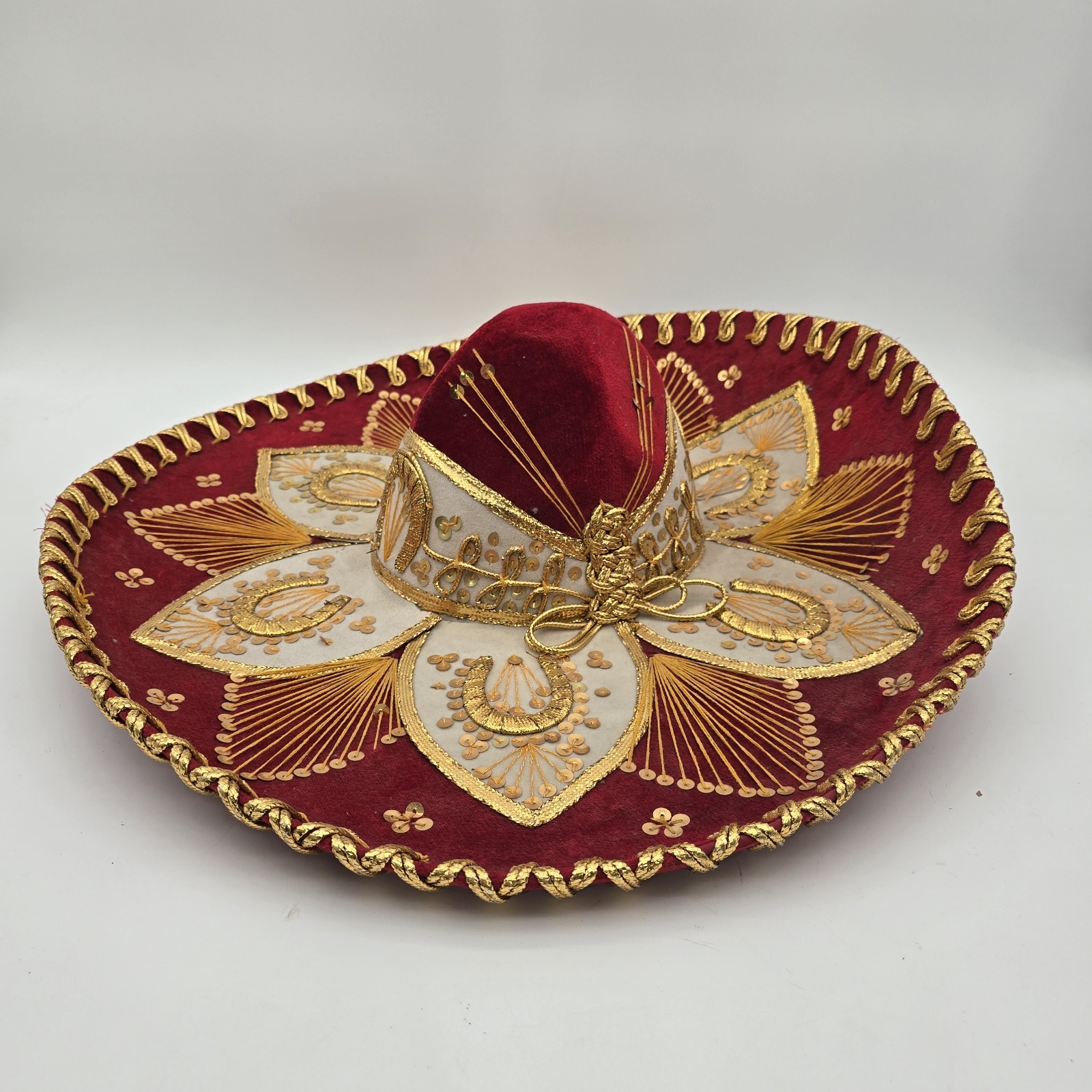 Vintage Sombrero Mexican Hat Jumbo XL Red Gold Sequin Velvet Belri Mariachi