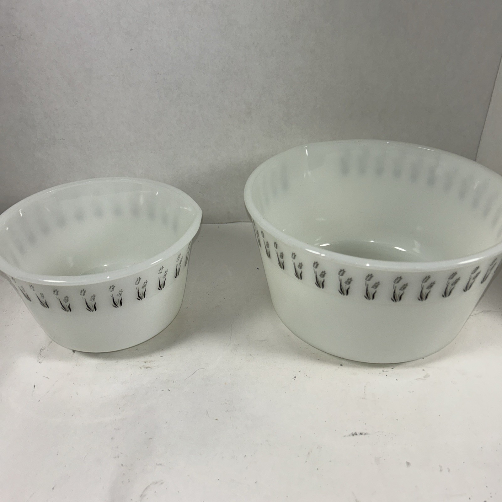 Hazel Atlas Milk Glass Mixing Bowls W/Pour Spout, Black Wheat Pattern, 9