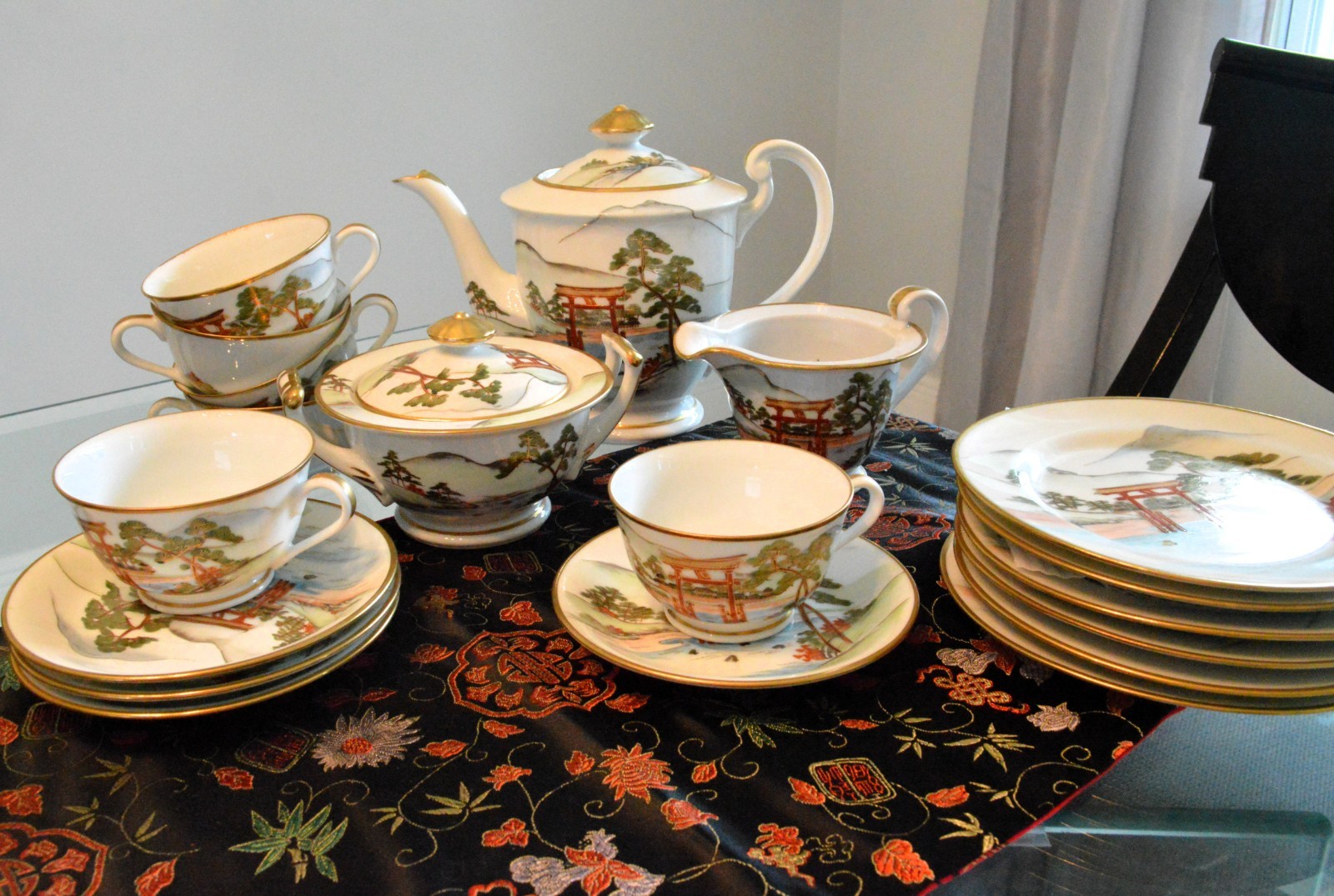 Vintage Made in Japan Scenic Tea Set Torii Gate Landscape Gold Trim Complete Set