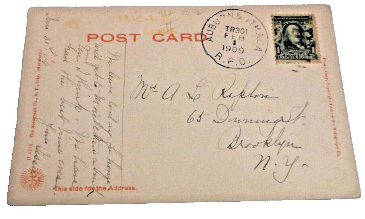 FEBRUARY 1909 LEHIGH VALLEY RAILROAD AUBURN & ITHACA RPO HANDLED POST CARD
