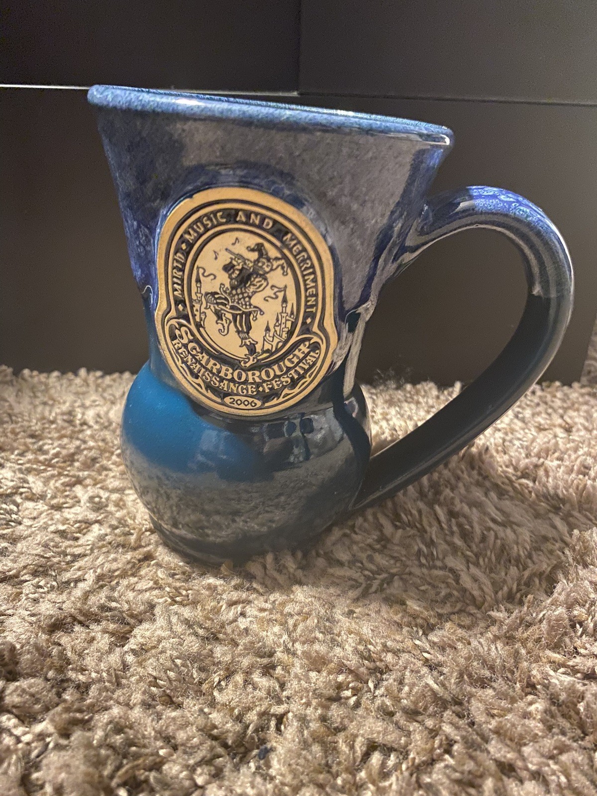 2006 Deneen Pottery Scarborough Faire Renaissance Festival Blue Glazed Mug 12 Oz