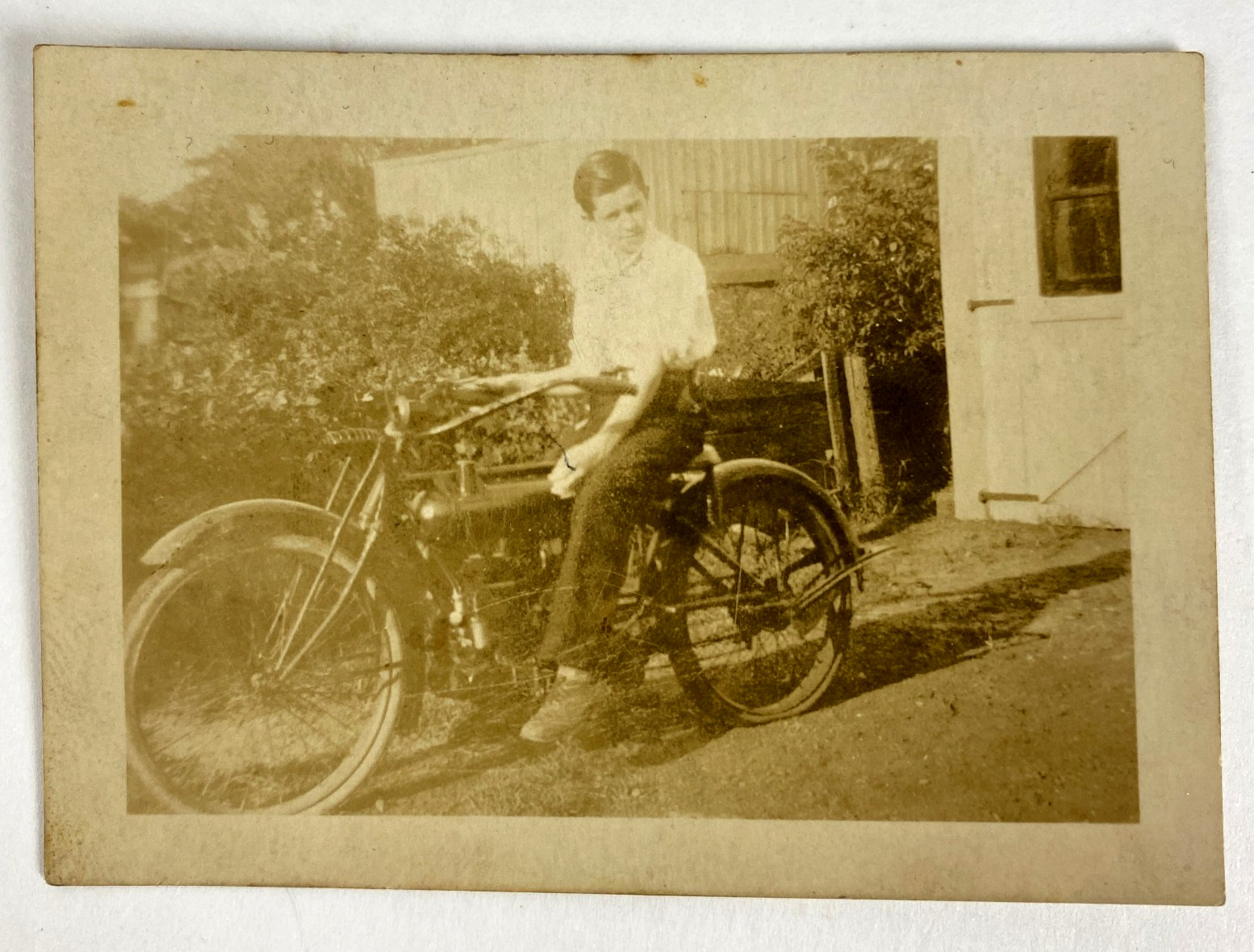 Early 1910s Flat Tank Motorcycle Photo Rider Antique Single Cylinder