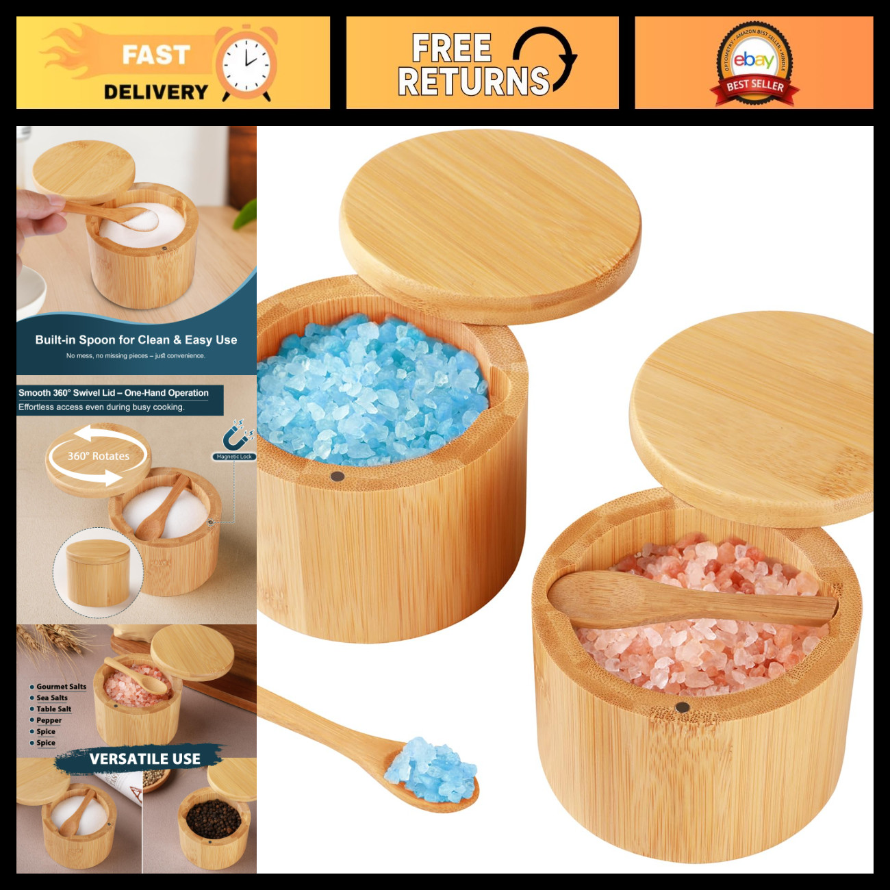 Bamboo Salt Cellar Set - 2 PCS Magnetic Lid Containers with Spoon for Spices & S