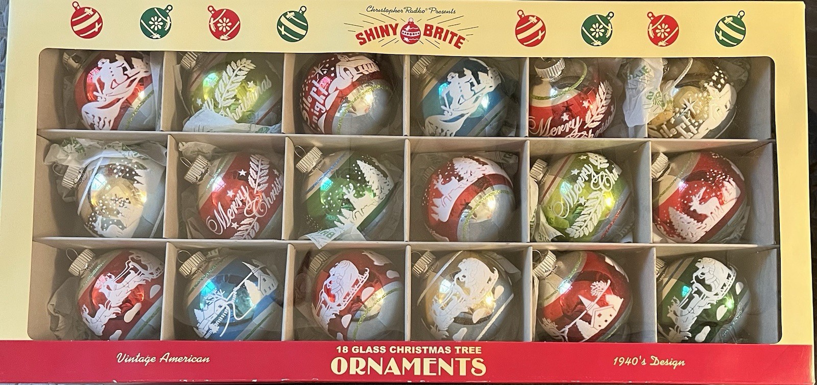 18 LARGE Shiny Brite Christmas Ornaments Stenciled Flocked Rounds Radko Retro