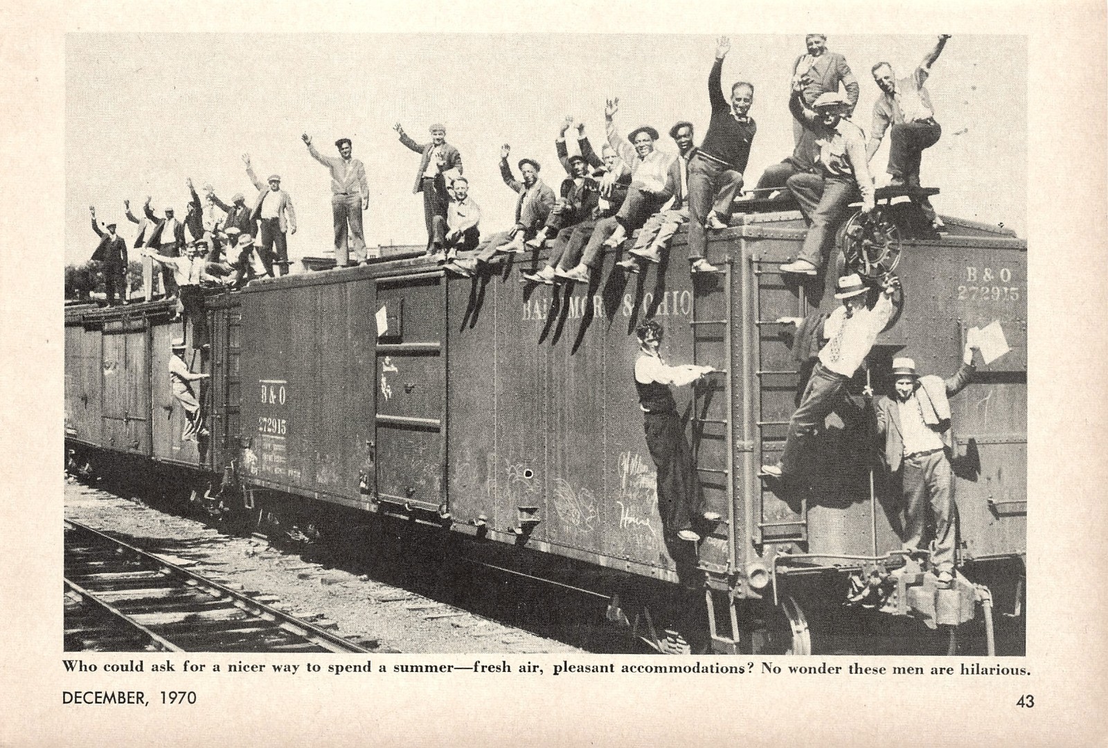 1970 Baltimore & Ohio B&O Railroad Men Wave Riding Boxcars Photo Vtg Mag Cut Out