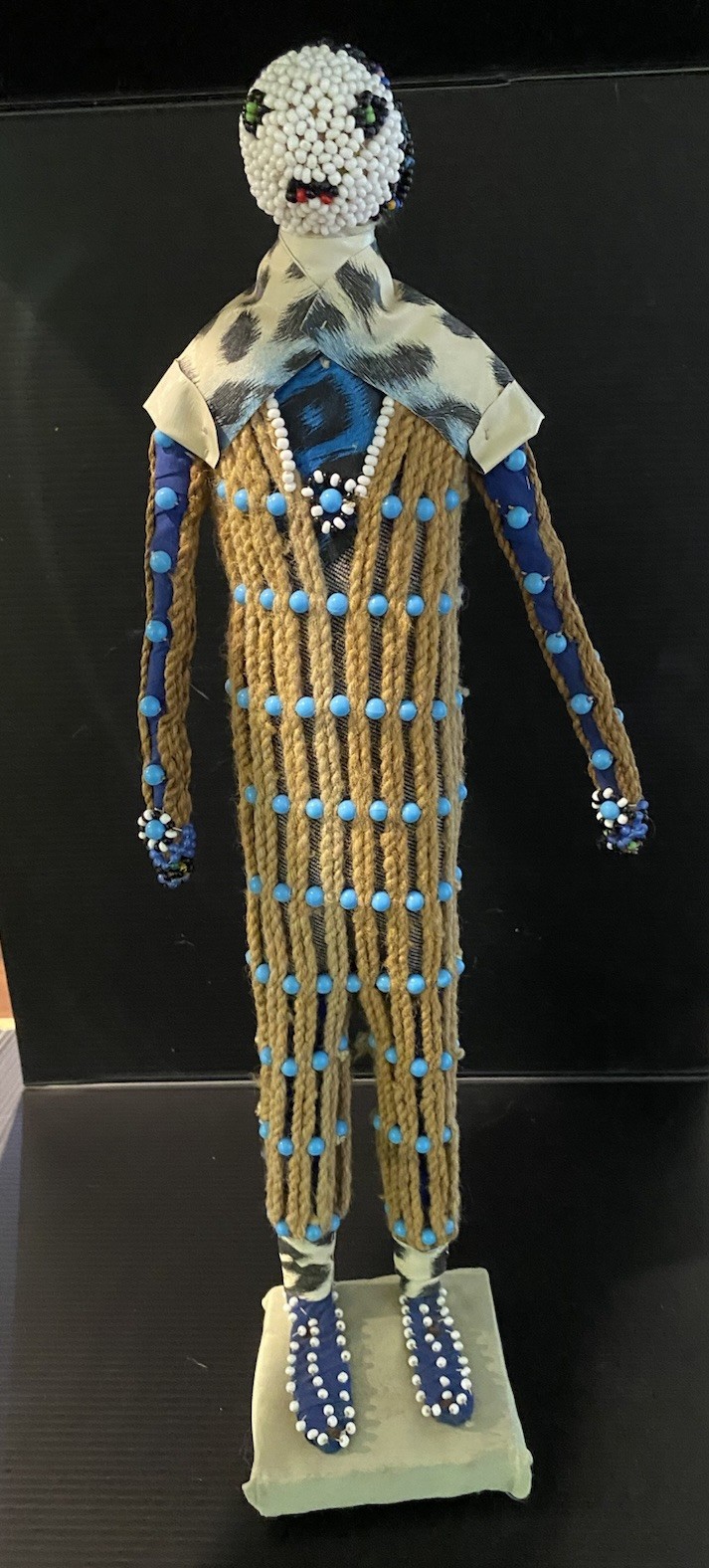 VINTAGE HANDMADE FOLK ART BEADED DOLL NATIVE STANDING ON BASE 16”