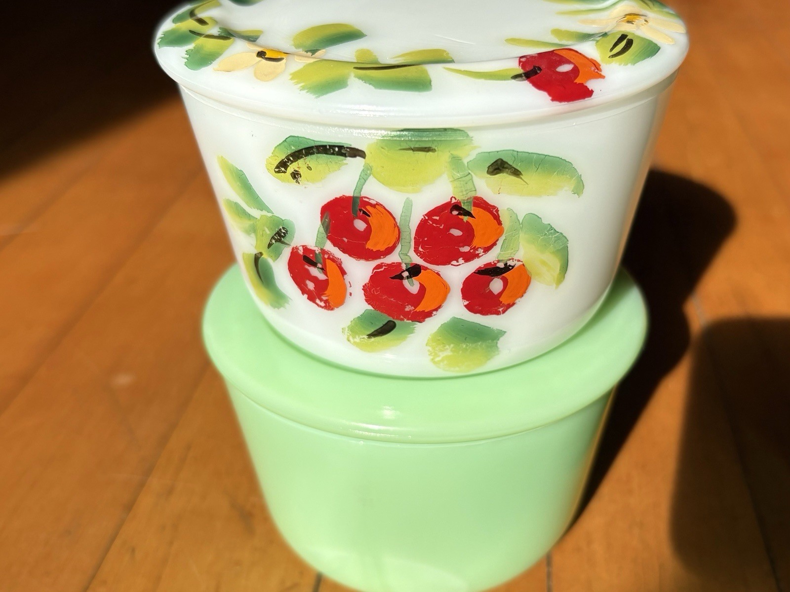 Vintage Mckee Milk Glass & Jadeite Canisters W/Lids Beautiful Hand Painted Rare
