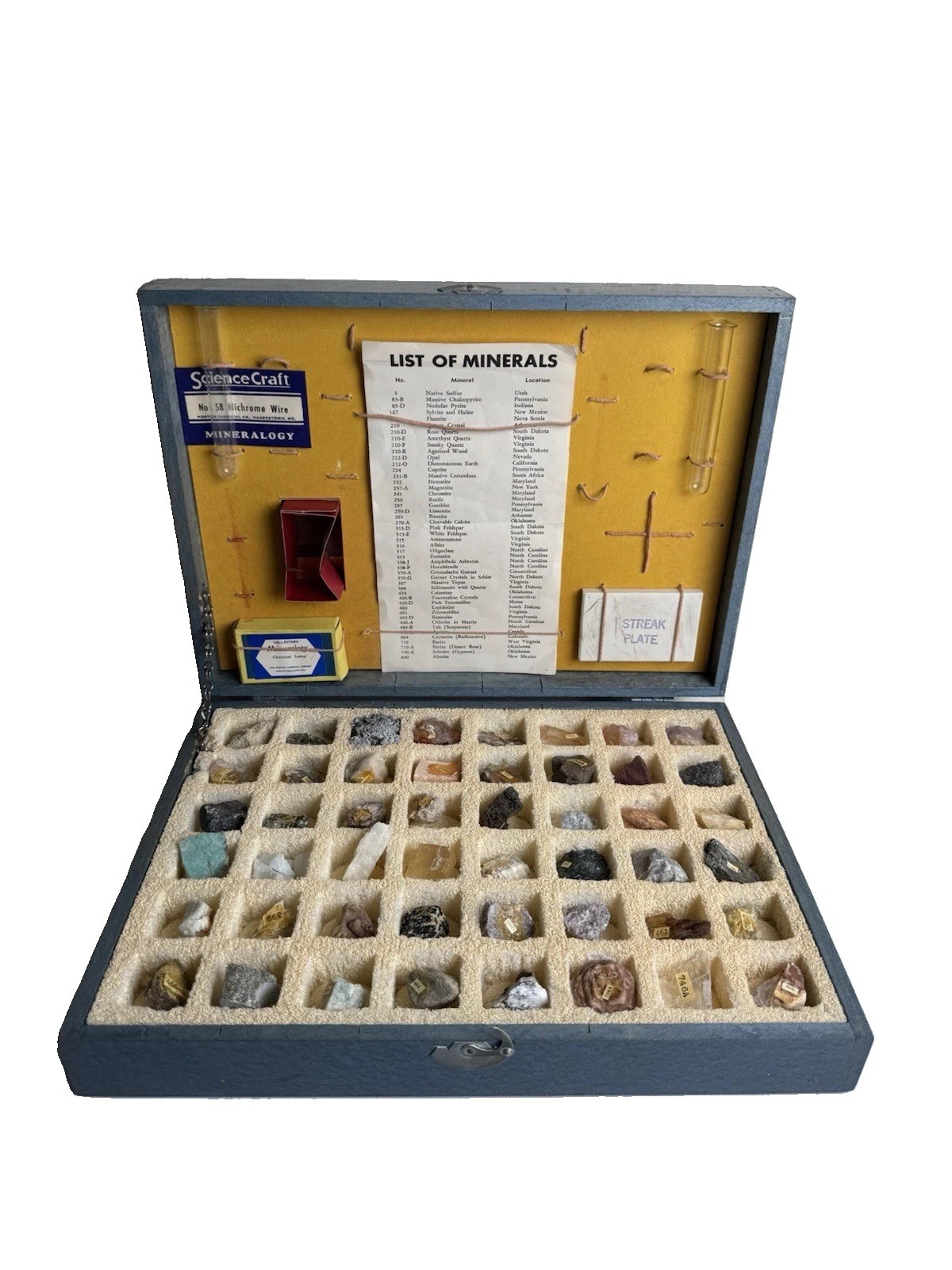 Vintage 1936 PORTER Chemical Company MINERALOGY KIT- NO.810 rock specimens
