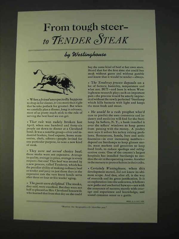 1940 Westinghouse Ad - Tough Steer to Tender Steak