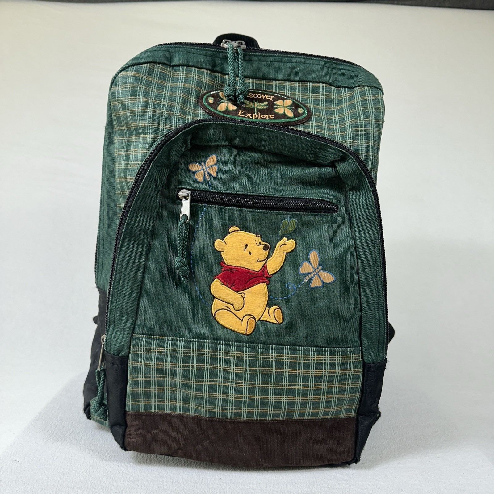 Vtg 90s Winnie the Pooh Discover Explore Disney Green Plaid Backpack Embroidered