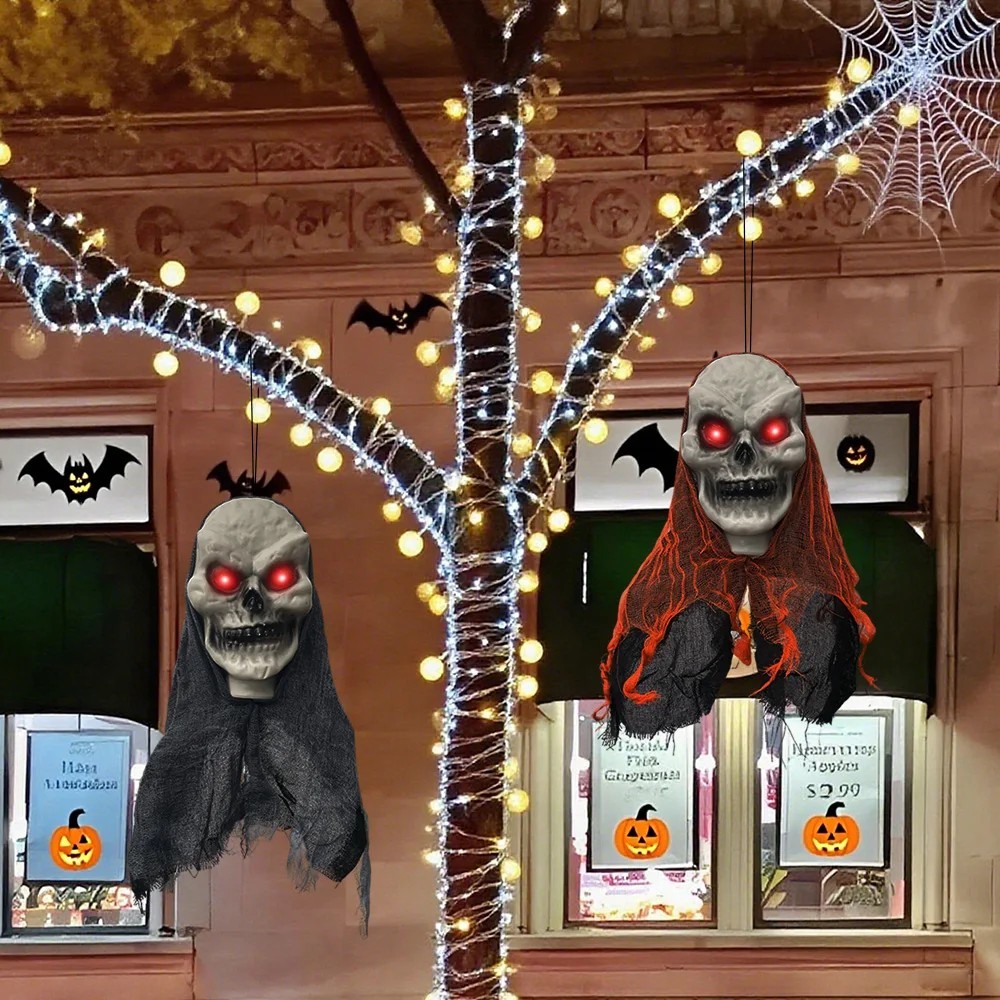2PCS Halloween Hanging Skull Skeleton Ghost Ornaments Haunted Home Outdoor Decor