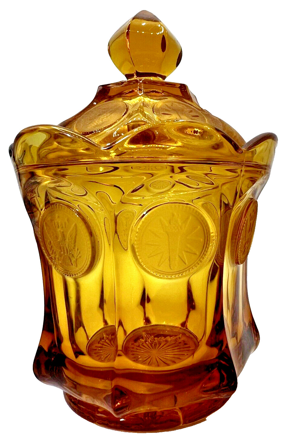 Fostoria Amber Coin Glass Candy Dish with Lid        Retro Mid Century