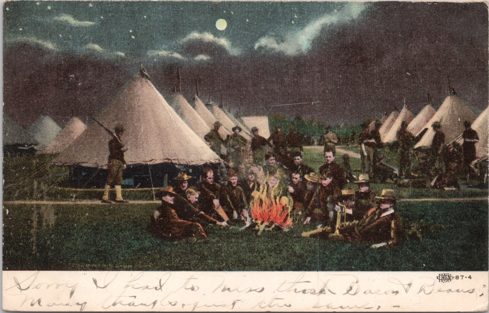 1907 MILITARY POSTCARD-SOLDIERS AT NIGHT AROUND CAMPFIRE-TENTS IN BACKGROUND