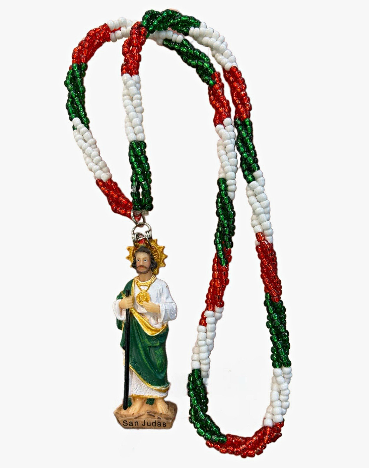 Christianity Red White & Green Plastic Bead Rosary Necklace San Judas Pendant