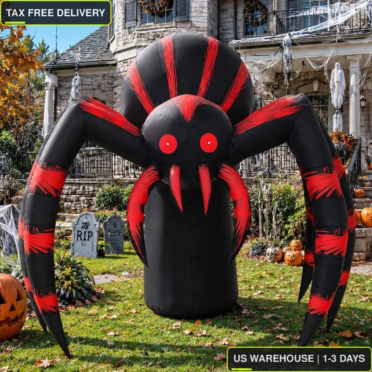 7FT Halloween Inflatables Red Stripe Spider Yard Decor with LEDs