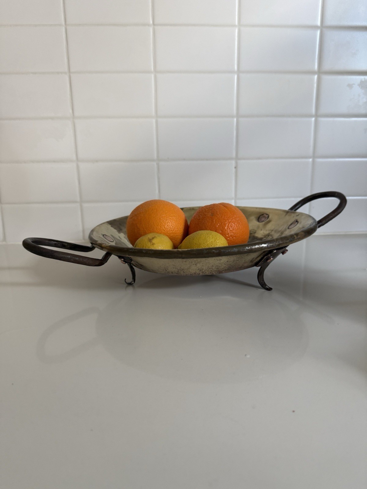 Antique & Rustic Brass, Forged Iron And Copper Brazier Bowl Dish With 3 Legs