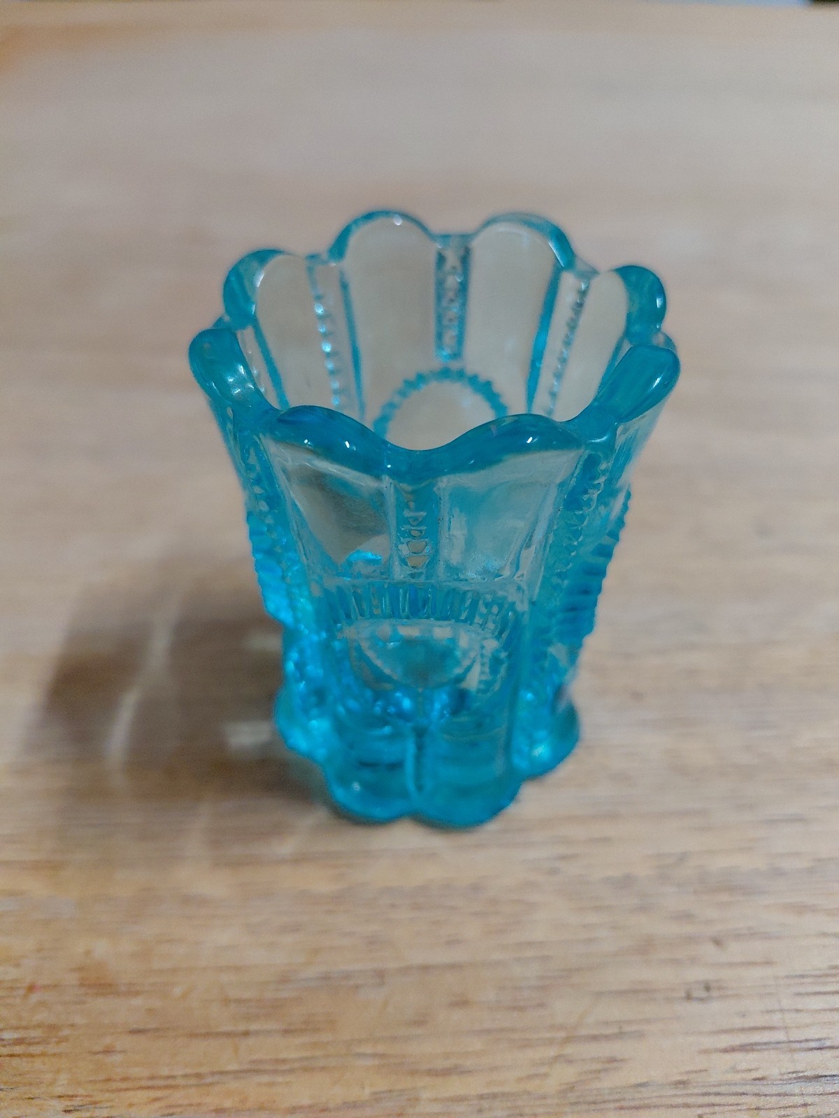 KENNETH DALZALL VIKING Light Blue Pressed Glass Toothpick Holder KENNETH DALZALL VIKING Light Blue Pressed Glass Toothpick Holder