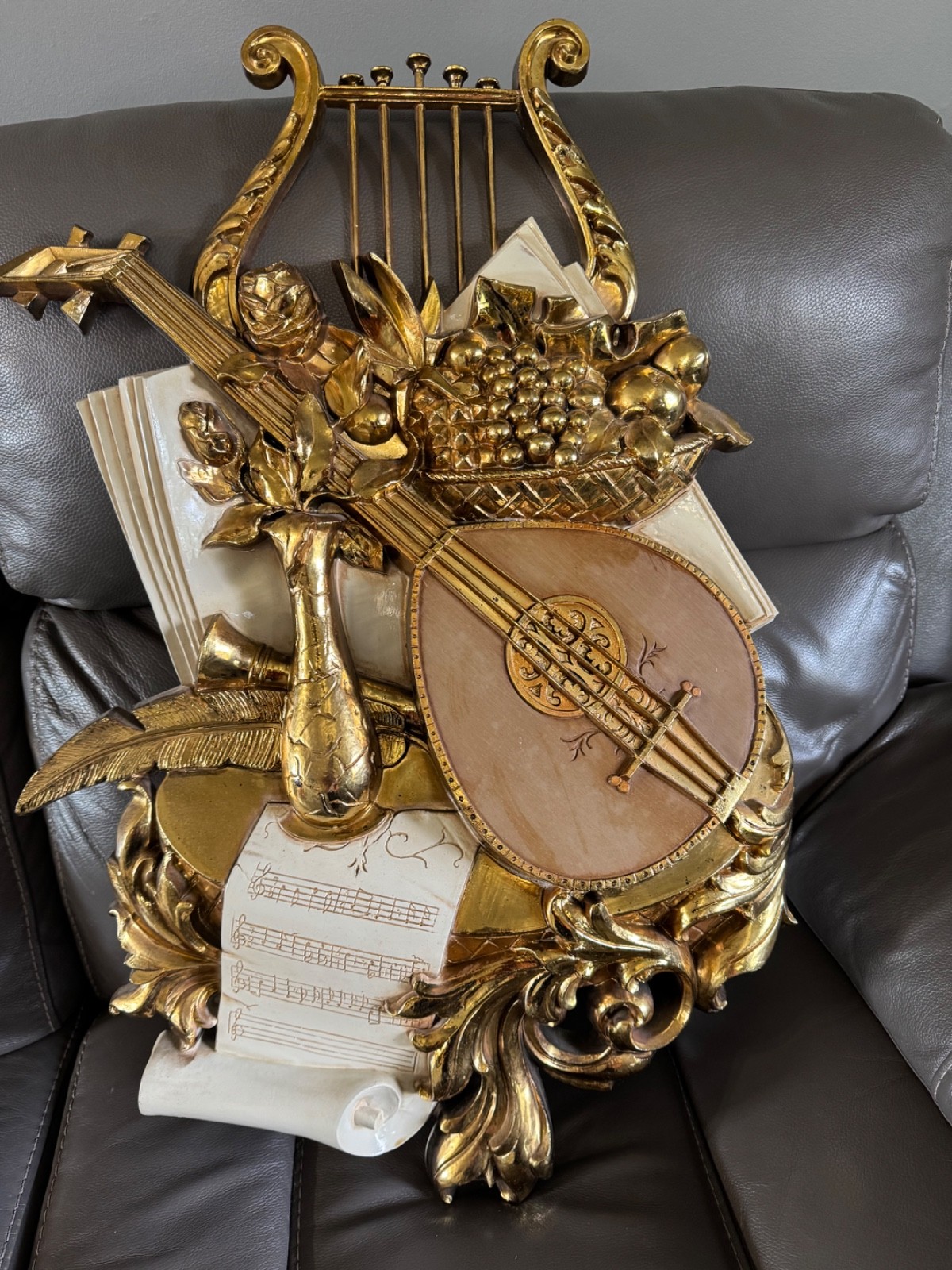 VTG HOMCO HOME INTERIOR GOLD SYROCO LARGE MUSICAL HARP HOLLYWOOD REGENCY STYLE
