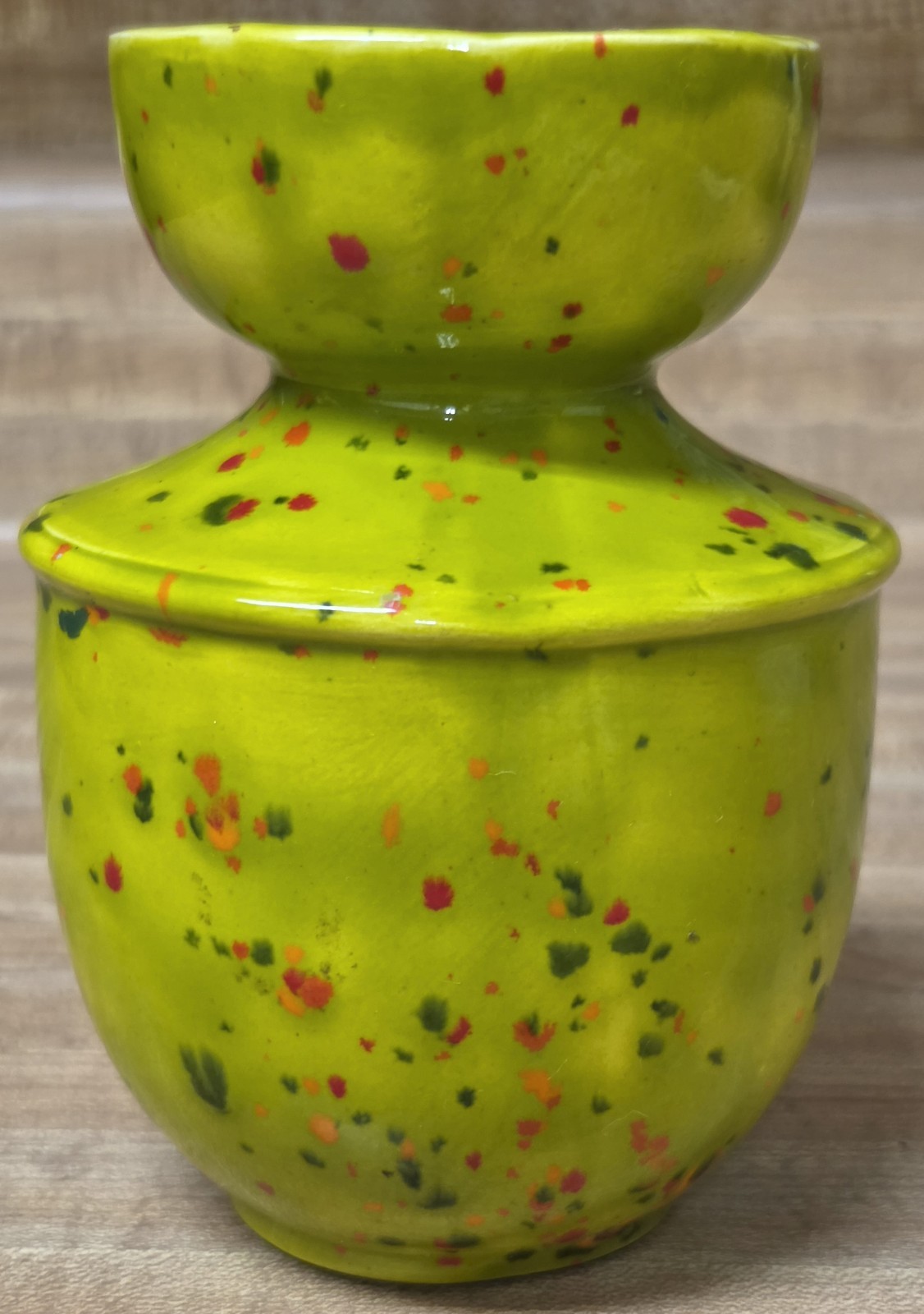 Vintage Mid Century 60s 70s Splatterware Drip Glaze Ceramic Lime Green Vase 