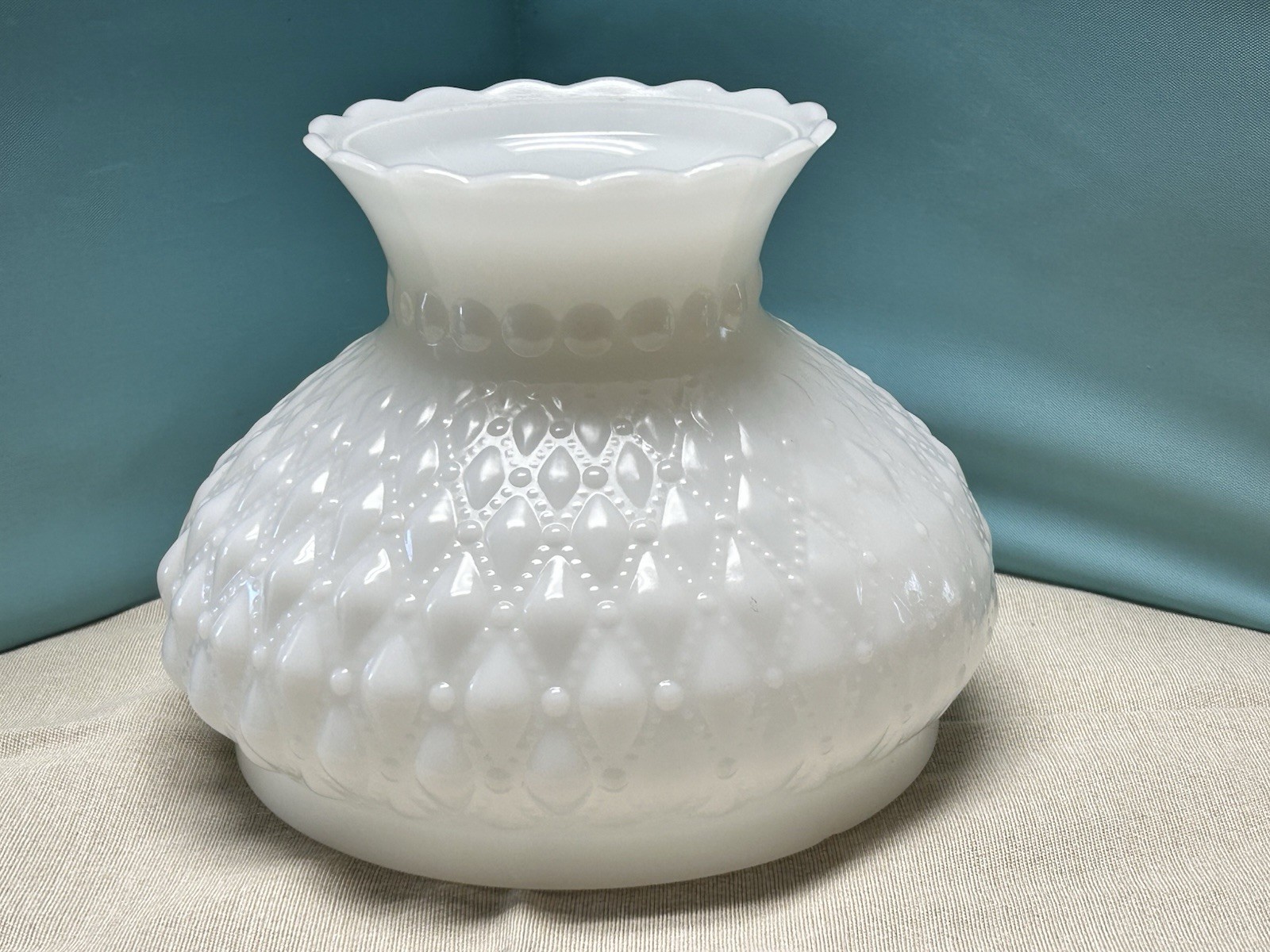 VINTAGE WHITE MILK GLASS DIAMOND QUILTED STUDENT FITTER HURRICANE LAMP SHADE