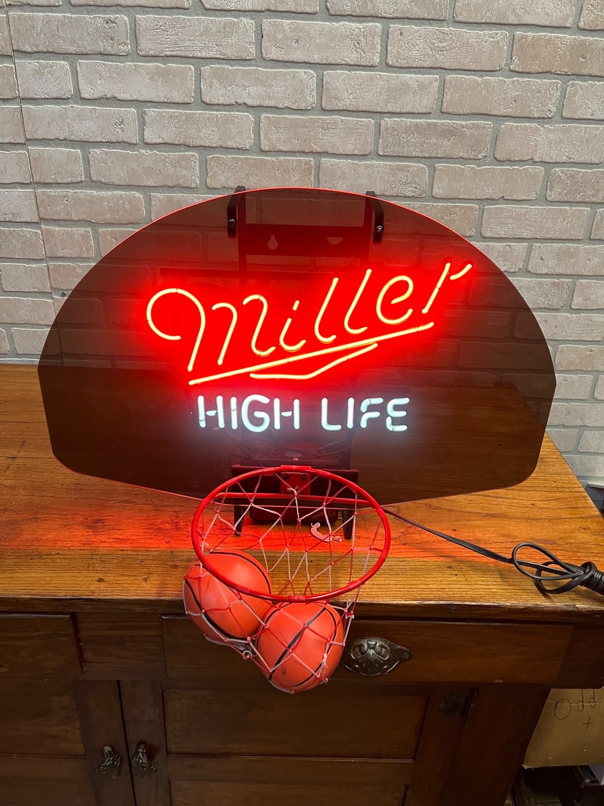 Vintage 1989 Miller High Life Basketball Bar Neon Sign Hoop w/ Balls - Works