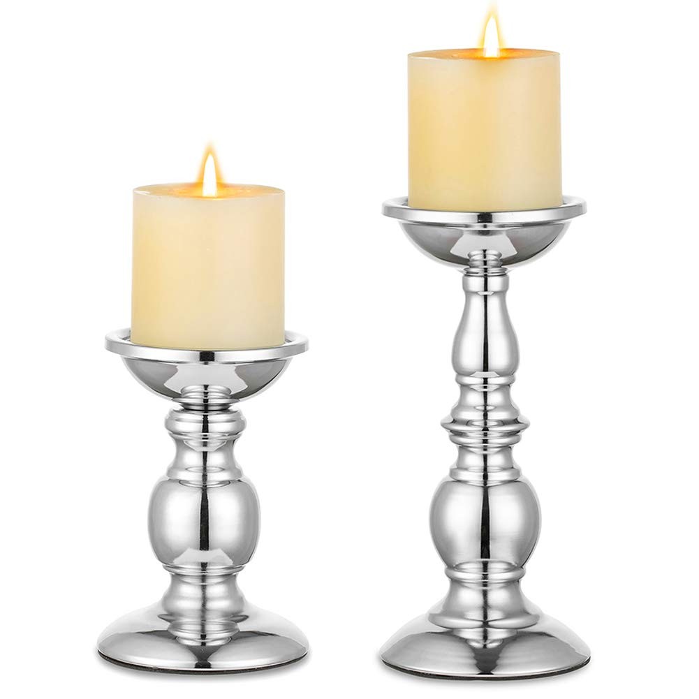 Nuptio Pillar Candle Holders Silver Metal for 3 Inch Candles 2 Pcs