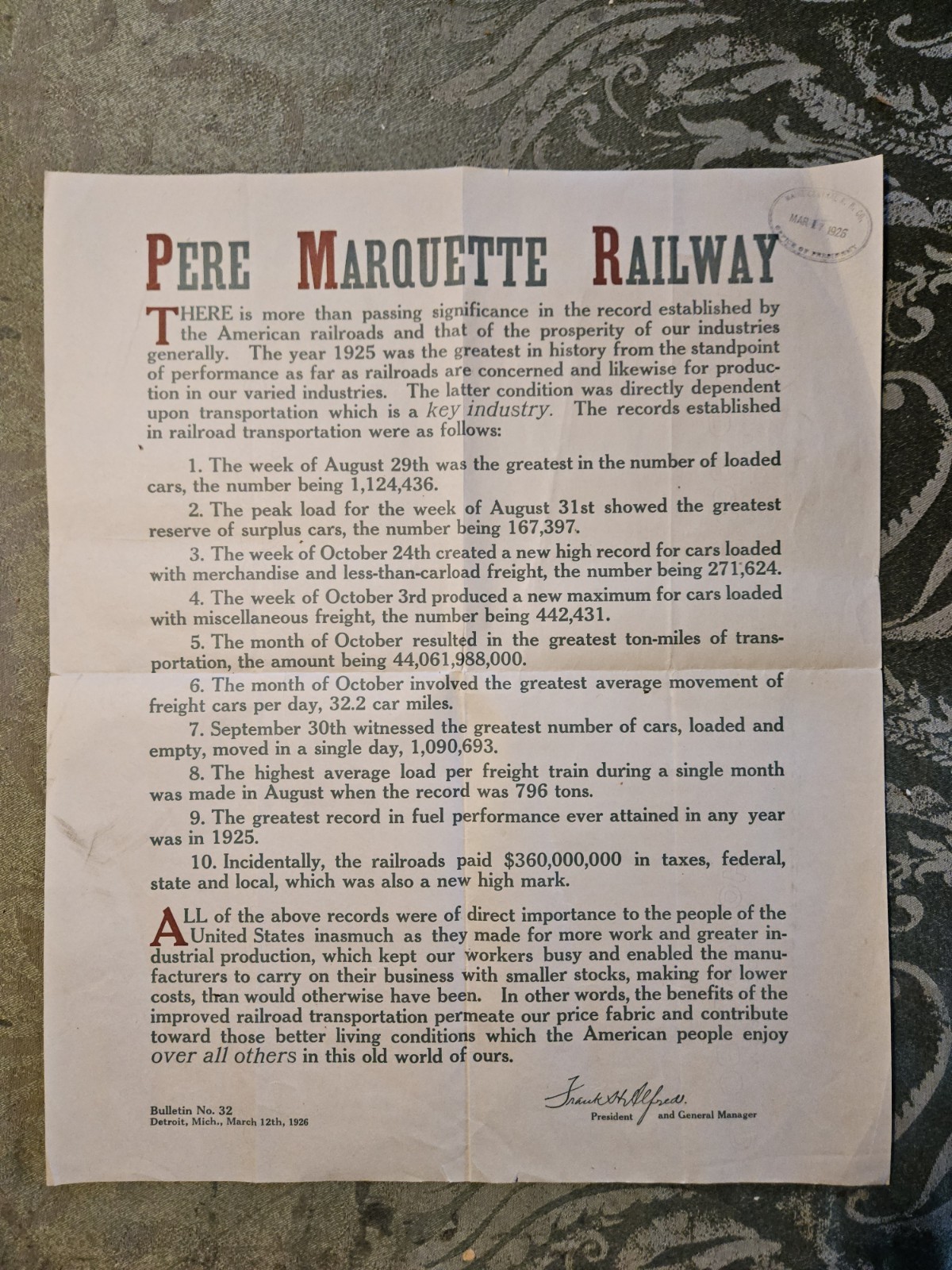 1926 PERE MARQUETTE Railway POSTER 1925 Hauling Statistics