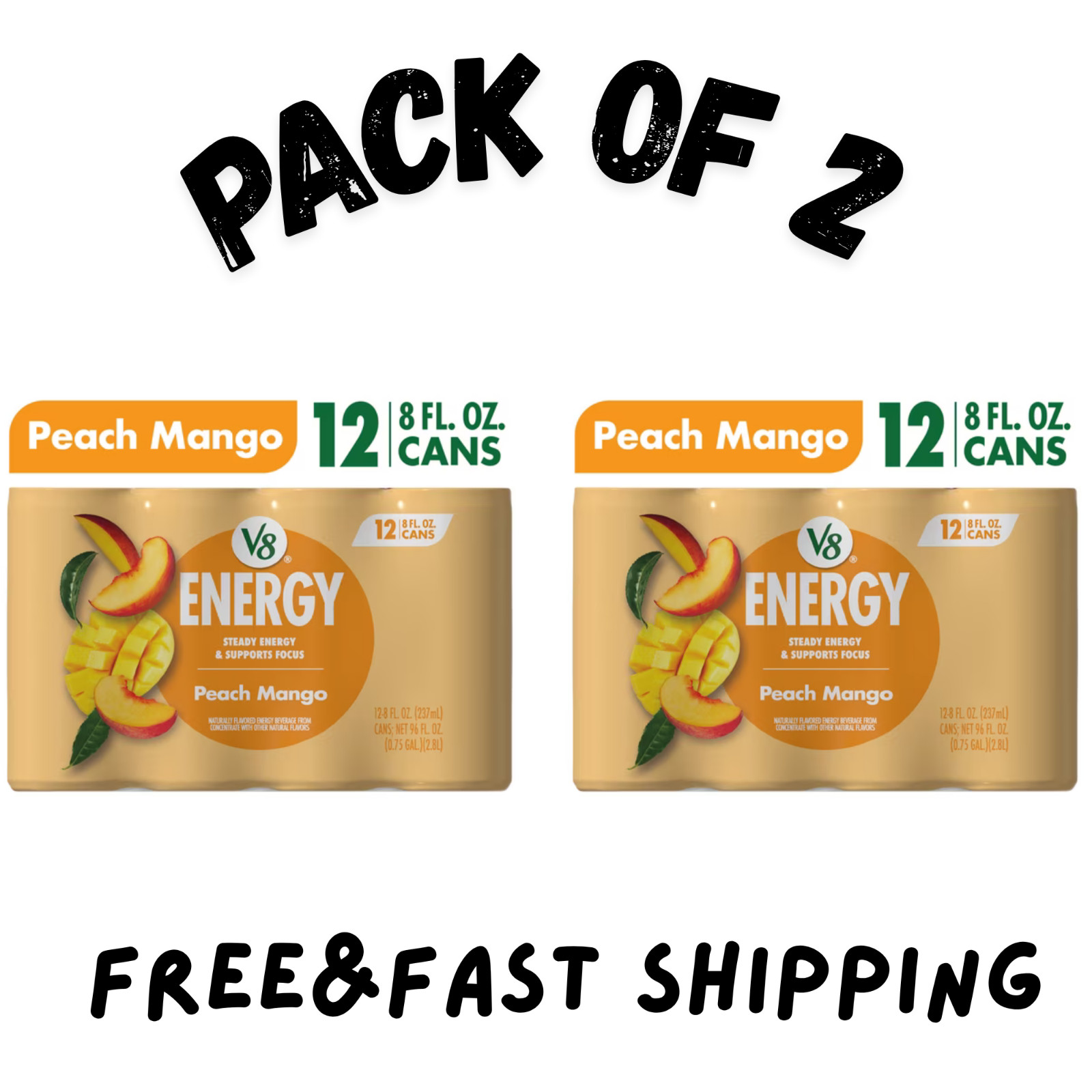 (2 PK) V8 Energy Peach Mango Energy Drink, 8 fl oz Can, 12 Pack