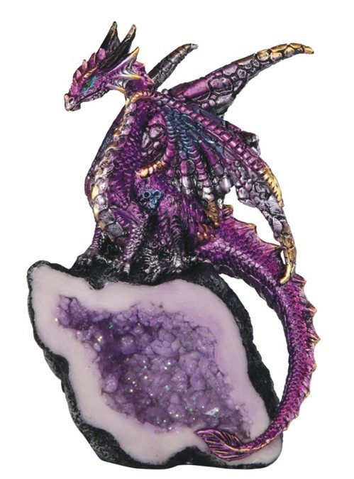 PURPLE CRYSTAL DRAGON       Purple Dragon on Crystal Geode    Statue   H5.5\