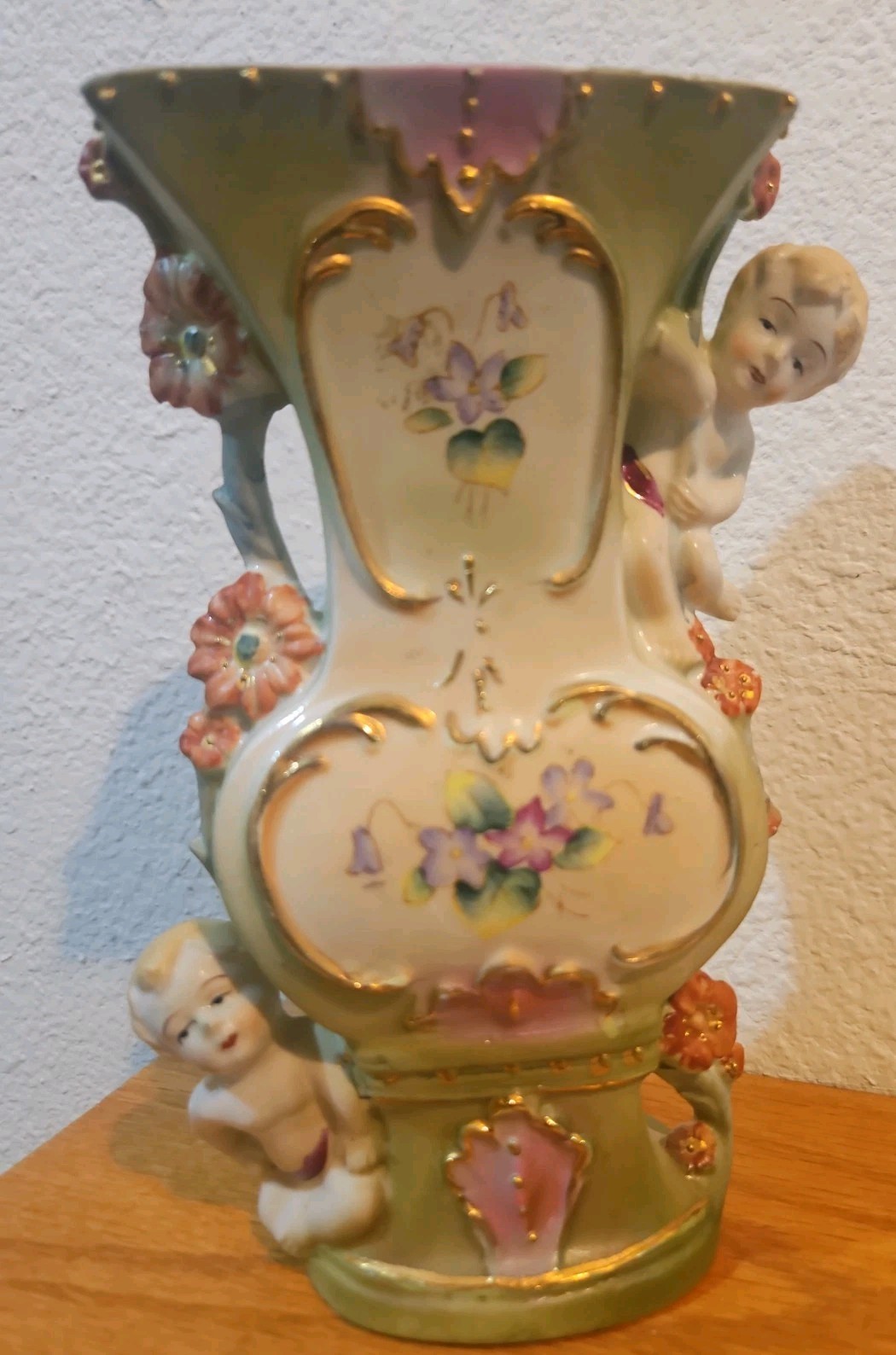 Vtg Mid Century Japan Porcelain Cherub Vase Hand Painted Floral Gold Trim 1950s