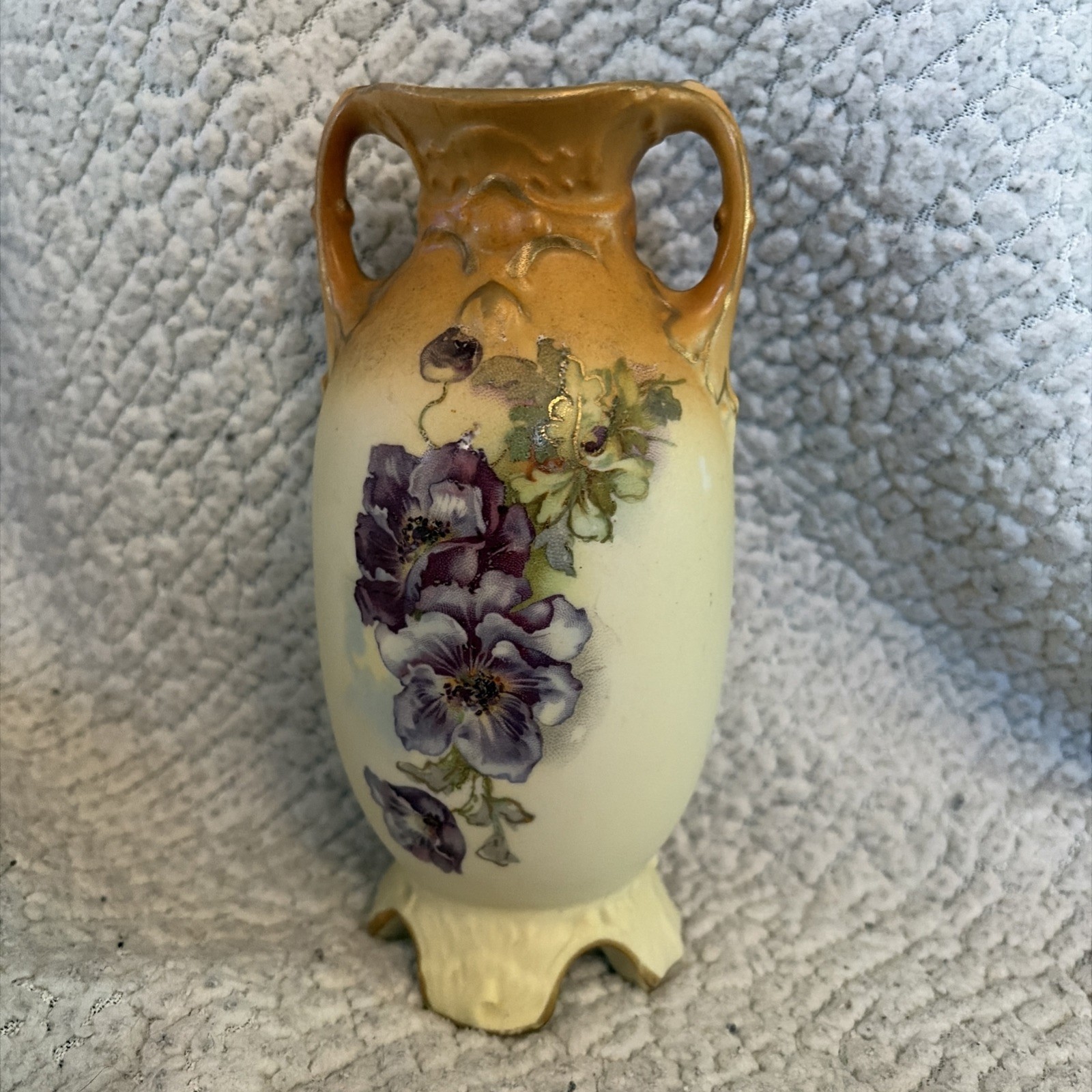 Antique Art Nouveau Double Handled Porcelain Vase Purple Flower Mold 1690
