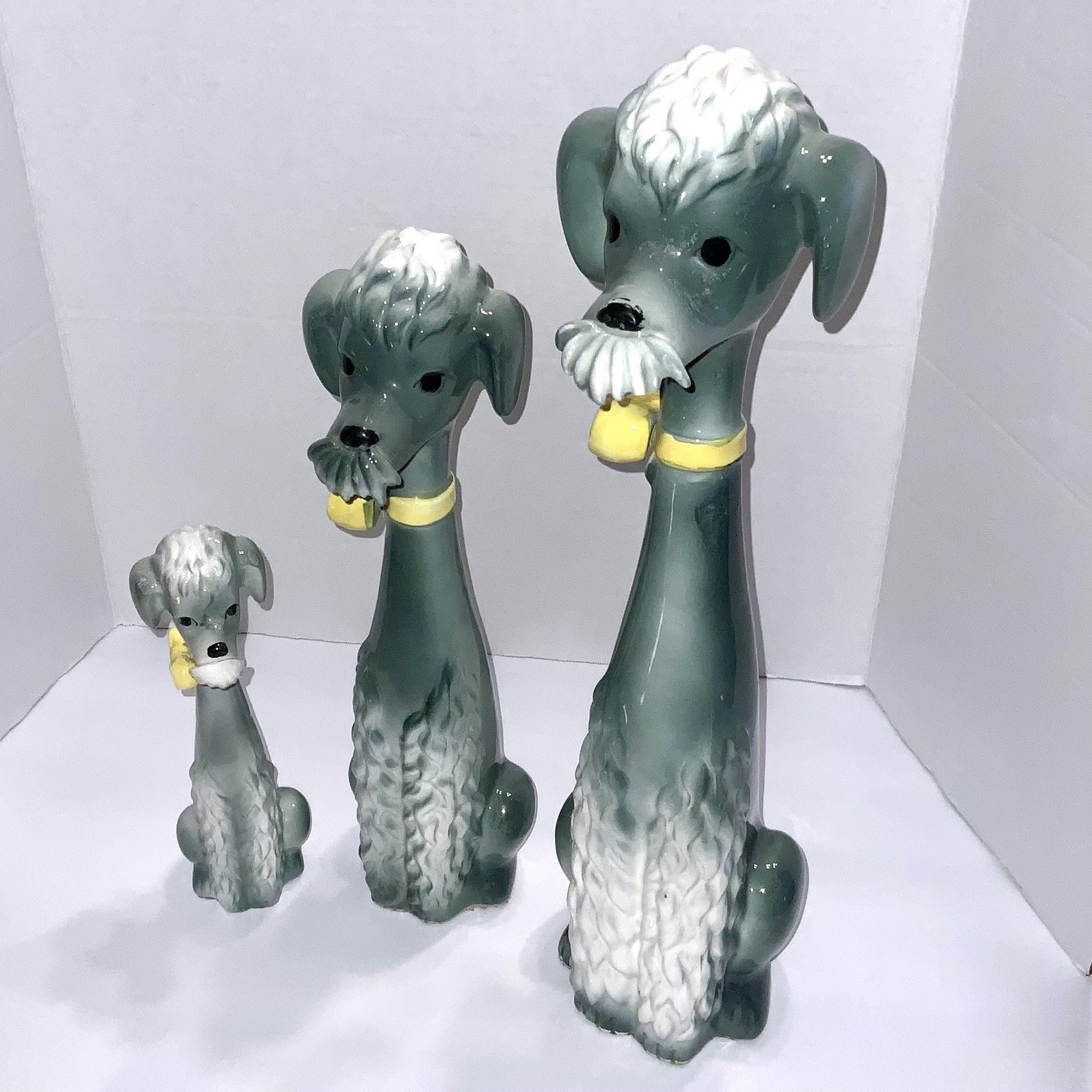 SET OF 3 MCM Tall Grey Ceramic Poodle Schnauzer Dog Japan Long Neck yellow Bow SET OF 3 MCM Tall Grey Ceramic Poodle Schnauzer Dog Japan Long Neck yellow Bow