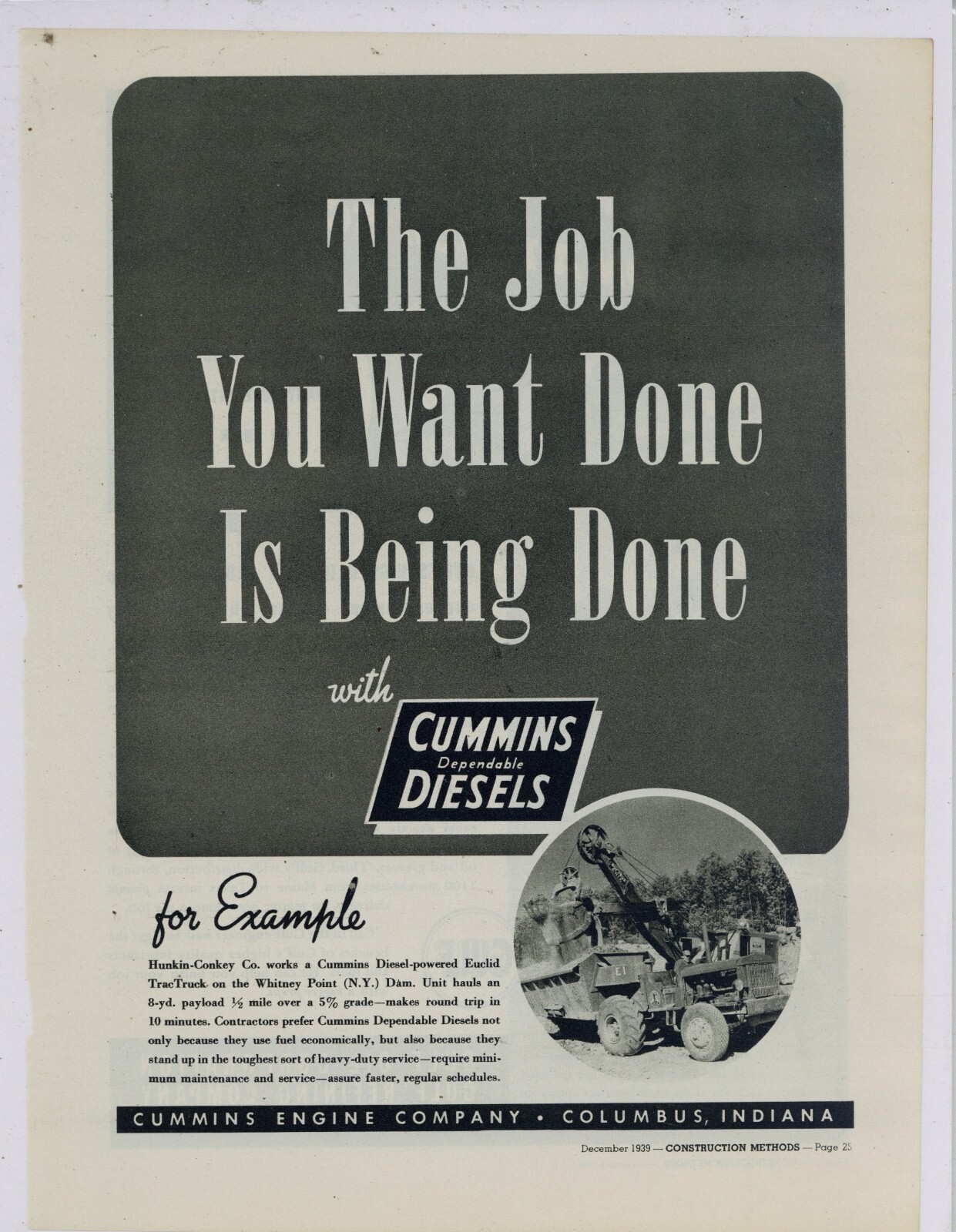 1939 Cummins Diesel Ad: Euclid TracTruk Whitney Point Dam Job - New York
