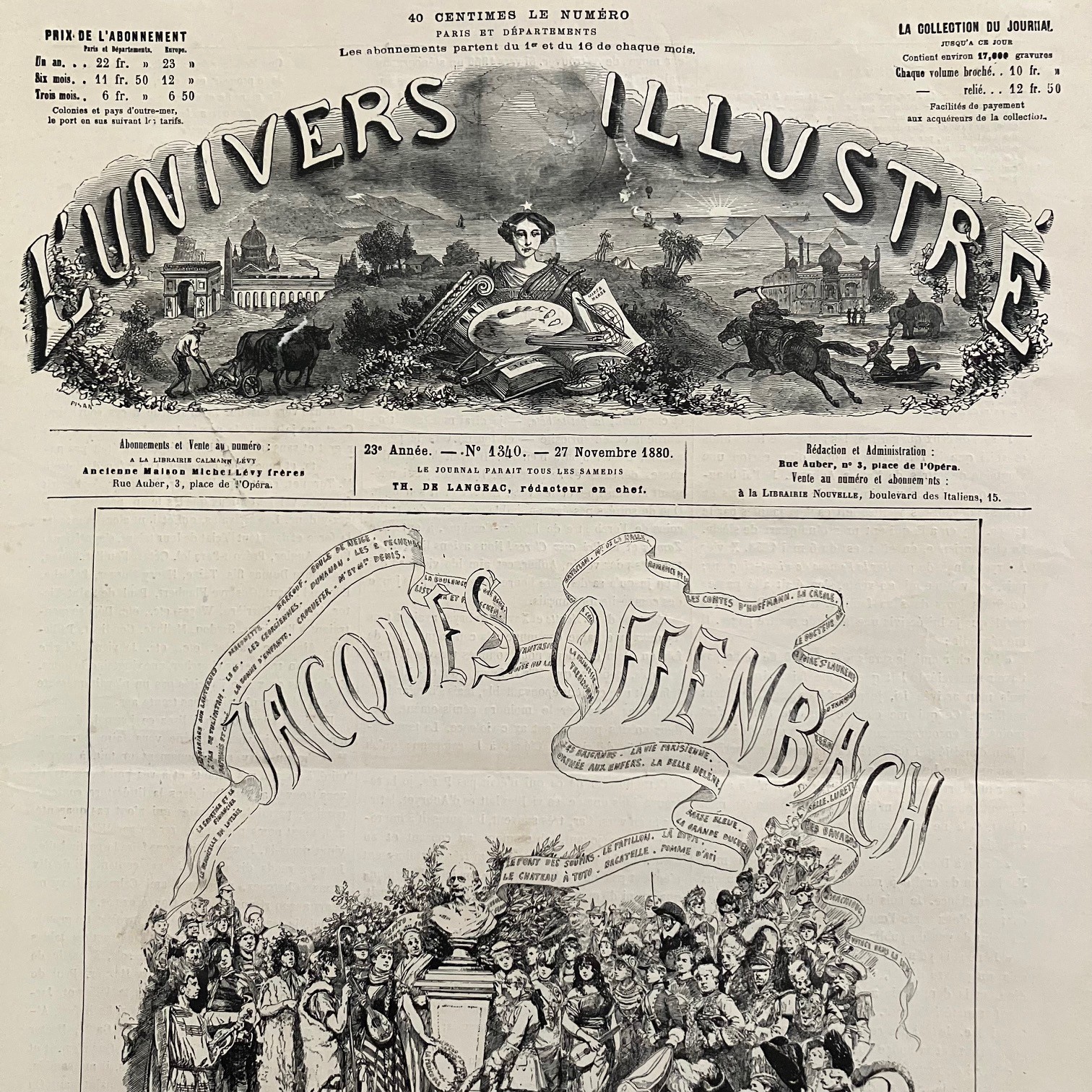 Journal L\'UNIVERS ILLUSTRE 27/11/1880 #Hommage à Jacques OFFENBACH#Raoul BRAVAIS