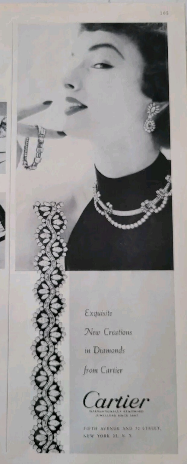 1953 Cartier diamond necklace bracelet earrings vintage fashion ad